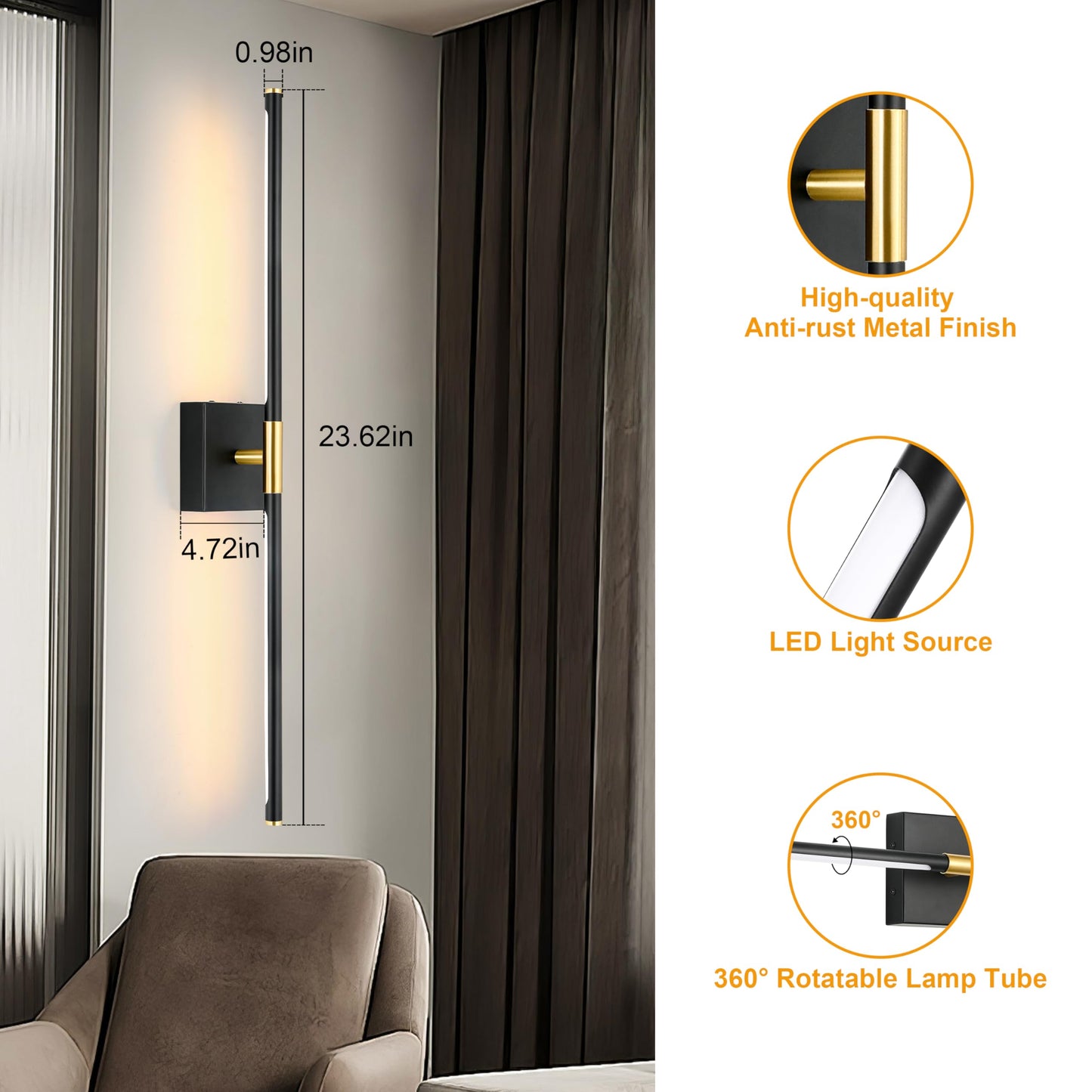 Battery Operated Wall Sconces Set of 2, Dimmable Battery Wall Sconce with Remote Control, Black Gold LED Rechargeable Sconces, 24 Inch Modern Wireless Wall Lights for Bedroom, Living Room