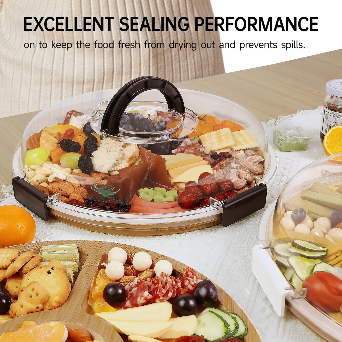 Round Charcuterie Board with Clear Lid, Travel Picnic Portable Cheese Board Charcuterie Boxes, Meat Fruit Serving Tray Platter, House Warming Gifts New Home, Gifts for Women