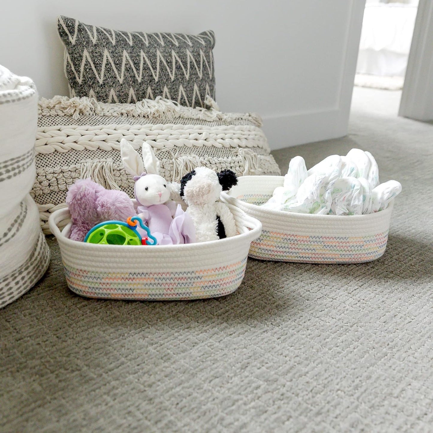 NaturalCozy 5-Piece Rectangle Storage Basket Set- Natural Cotton Rope Woven for Organizing! Small Basket for Montessori, Baby Nursery, Dog Toy Baskets, Cat Toy Box, Bathroom Organization Bin
