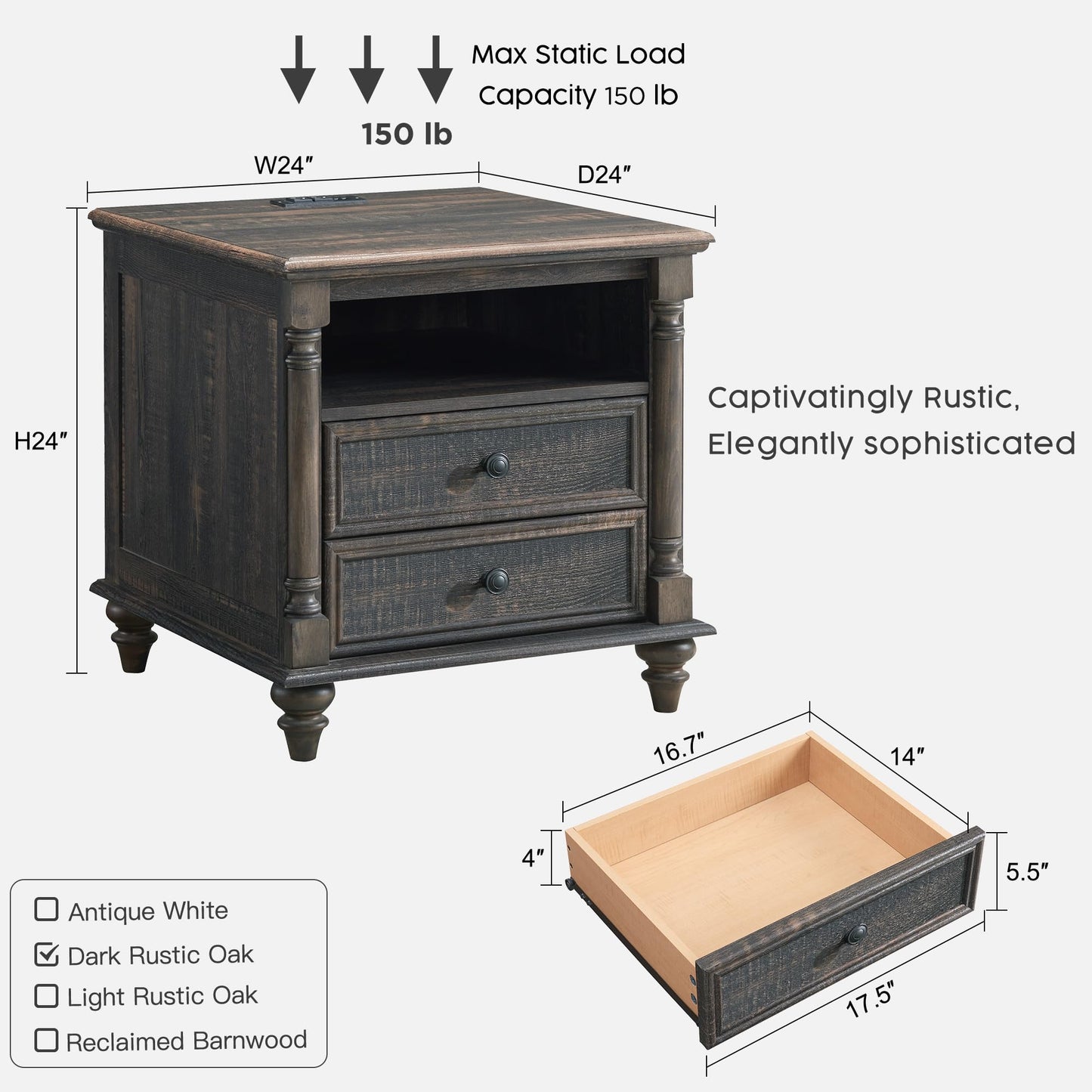 T4TREAM 24'' Farmhouse End Table w/4 Solid Wood Feet, Large 2 Drawers Wide Sofa Side Table with Charging Station, Tall Rustic Wood Square Nightstand for Living Room, Bedroom, Office, Antique White