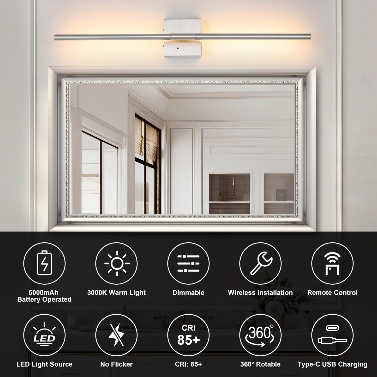 Battery Operated Wall Sconces Set of 2, Dimmable Battery Wall Sconce with Remote Control, Black Gold LED Rechargeable Sconces, 24 Inch Modern Wireless Wall Lights for Bedroom, Living Room