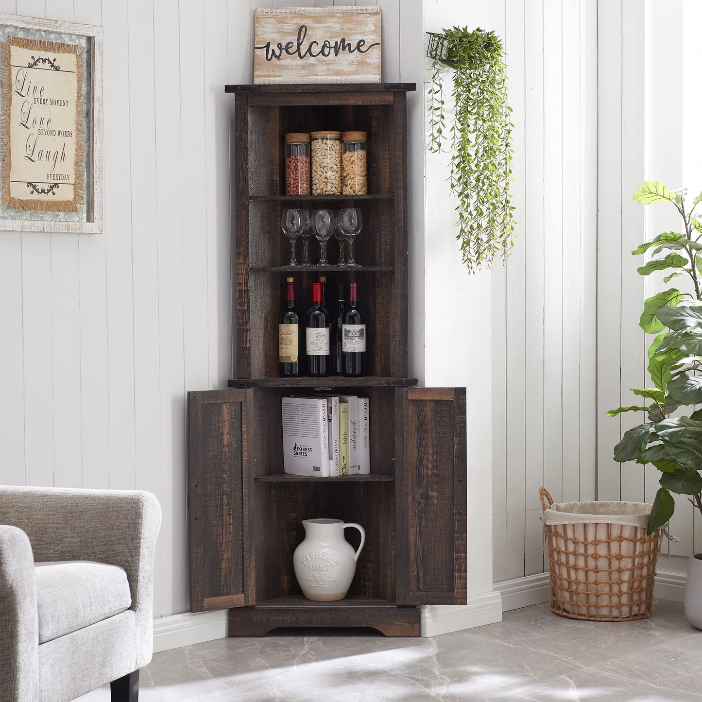 OKD Tall Corner Cabinet, Farmhouse Storage Cabinet with Barn Door Design & Adjustable Shelves, Home Space Saver for Bathroom, Living Room, Rustic Oak with Antique White