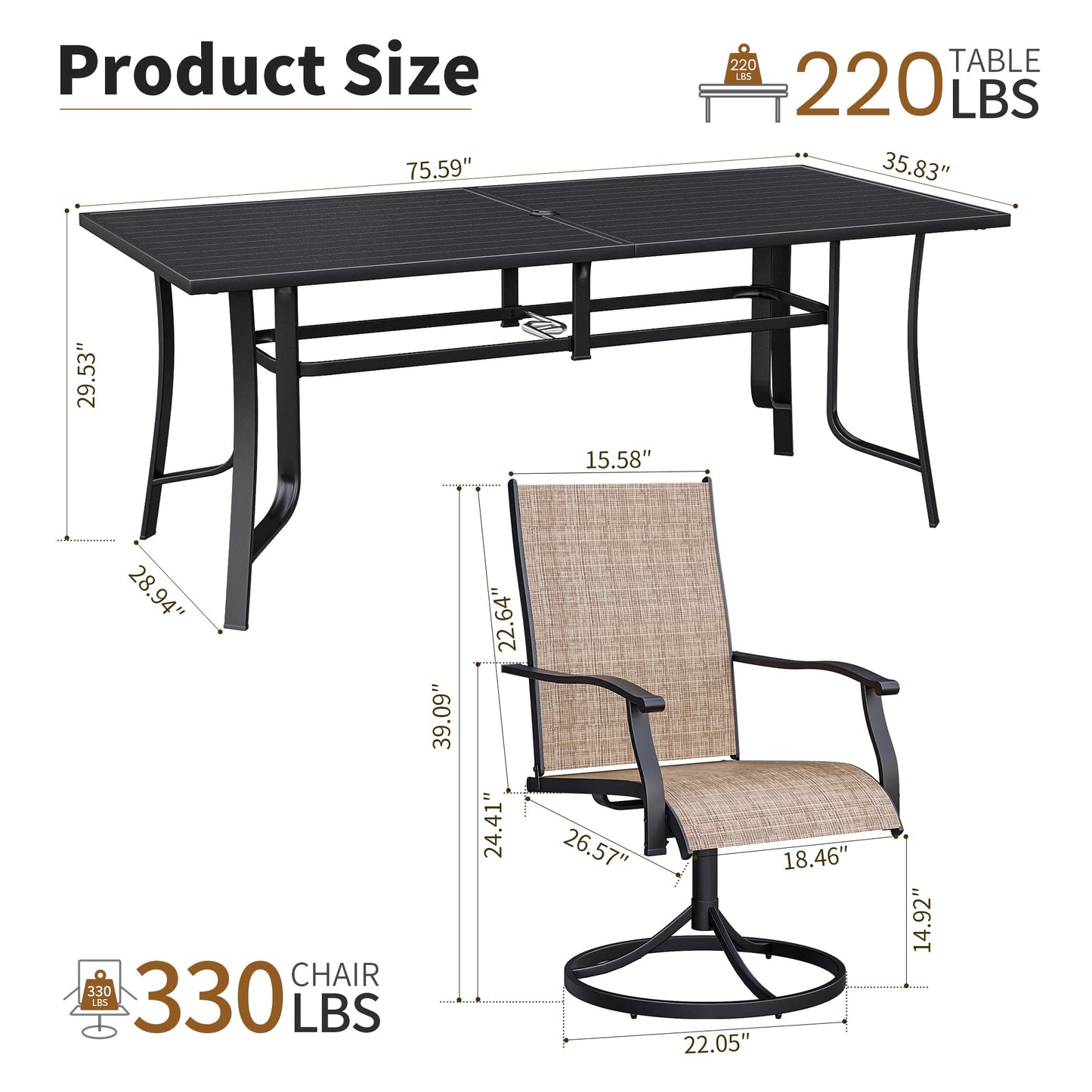 9-Piece Outdoor Patio Dining Set with 8 Swivel Rocker Chairs, Rectangular Metal Table with Umbrella Hole, 8-Person Patio Table and Chairs for Backyard, Poolside, Balcony and Garden Grey