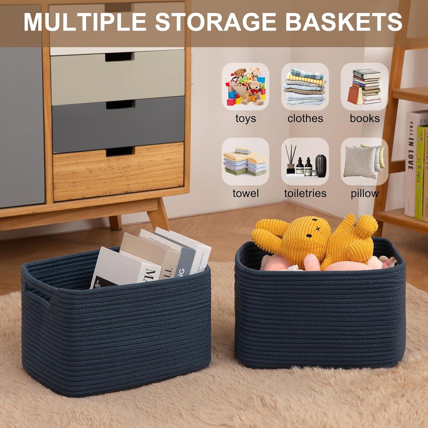 Storage Baskets for Organizing, Woven Decorative Baskets for Shelves - Books, Towels, and Clothes, Cotton Rope Toy Storage Bins, 12.7''Lx9''Wx7.8''H, Pack of 4, Brown
