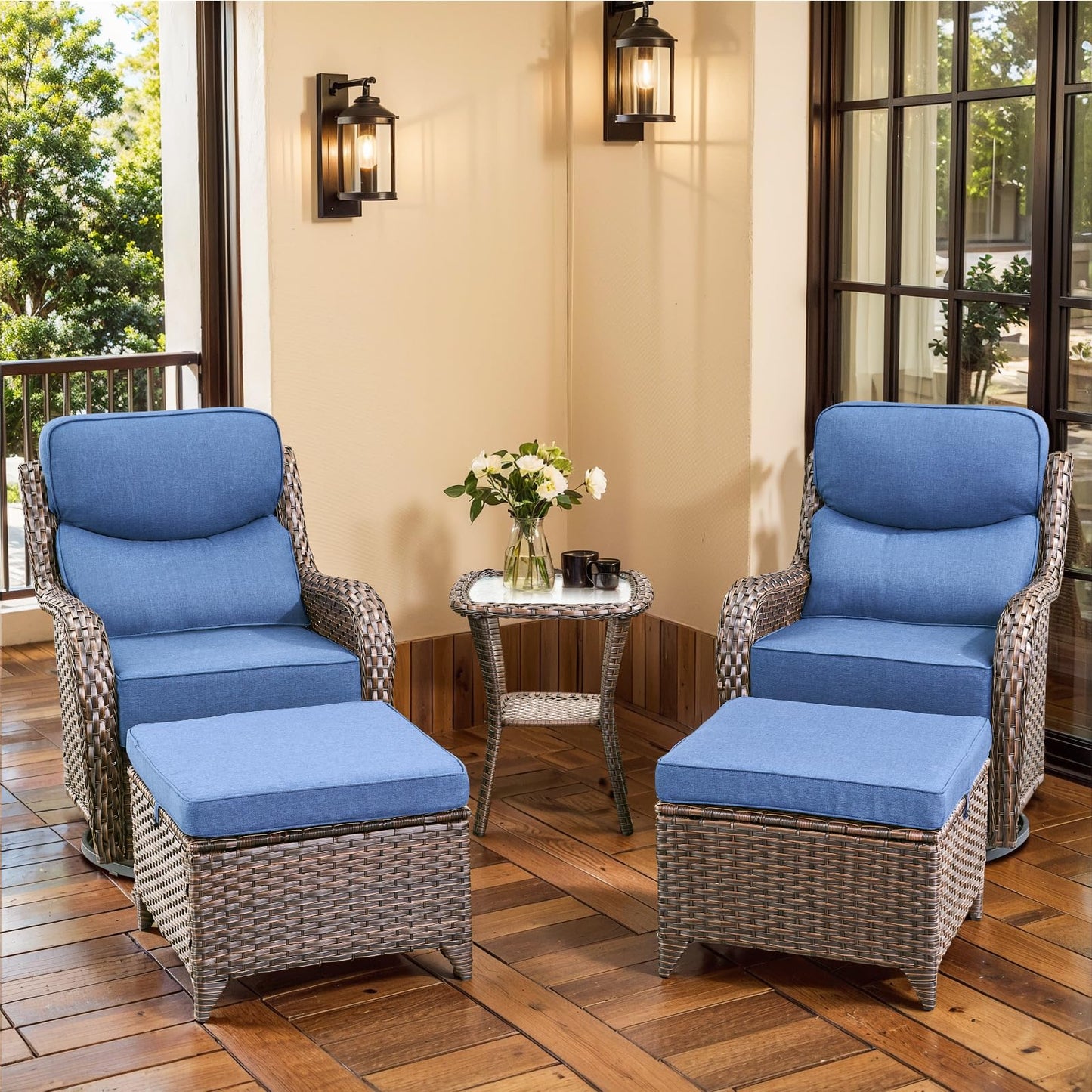 Luxury Outdoor Swivel Rocker Patio Chairs, High Back Swivel Patio Chairs with Side Table & 6-Inch Thick Cushions, Wicker Outdoor Bistro Set for Porch, Yard, Deck, Poolside, Brown/Beige