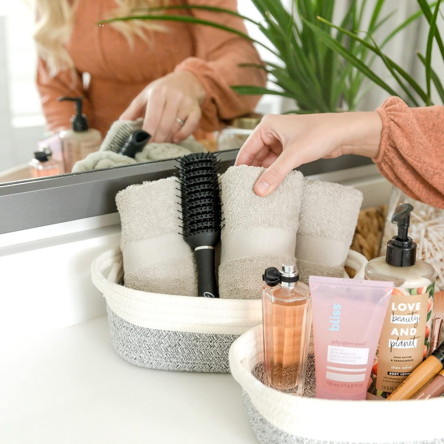 NaturalCozy 5-Piece Rectangle Storage Basket Set- Natural Cotton Rope Woven for Organizing! Small Basket for Montessori, Baby Nursery, Dog Toy Baskets, Cat Toy Box, Bathroom Organization Bin