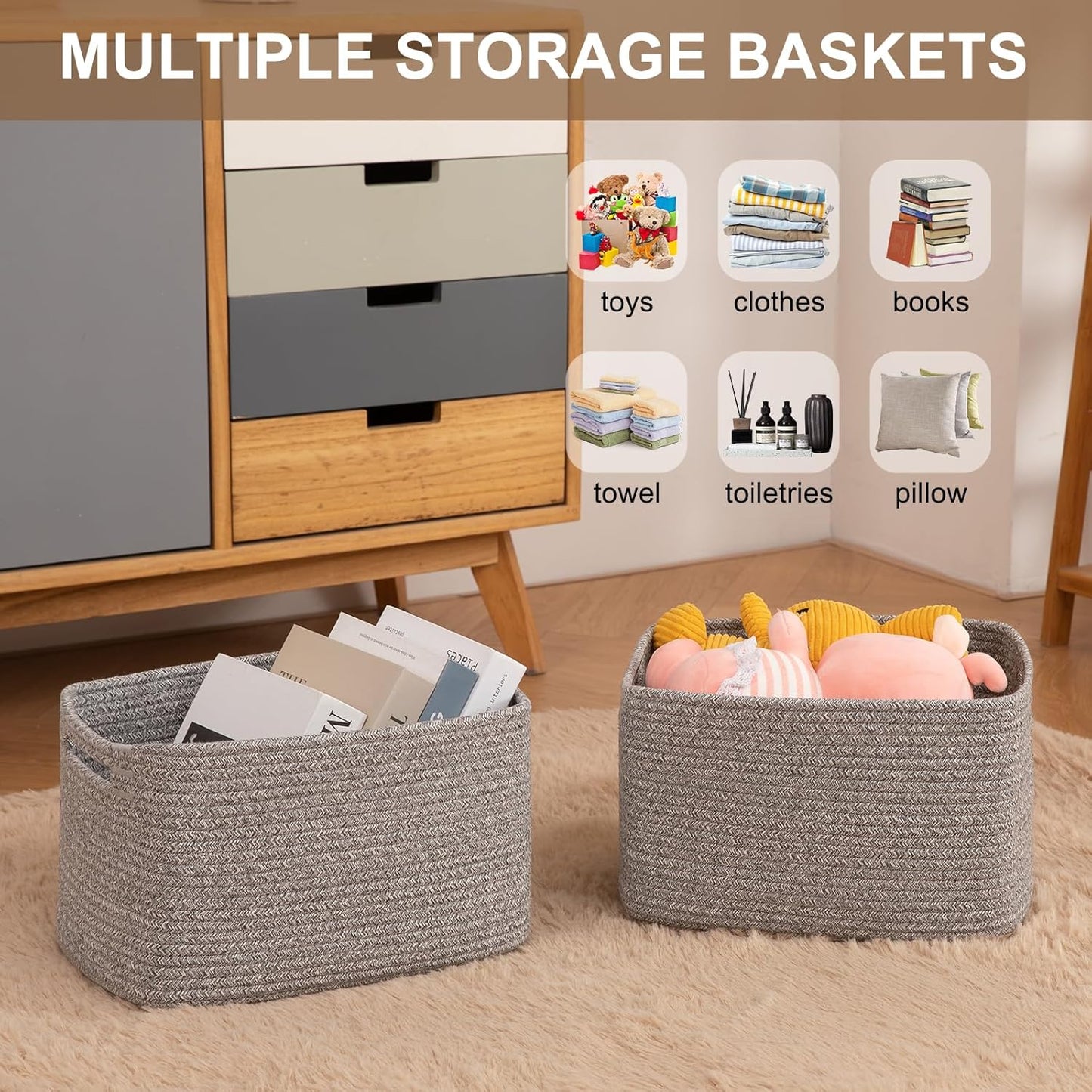 Storage Baskets for Organizing, Woven Decorative Baskets for Shelves - Books, Towels, and Clothes, Cotton Rope Toy Storage Bins, 12.7''Lx9''Wx7.8''H, Pack of 4, Brown