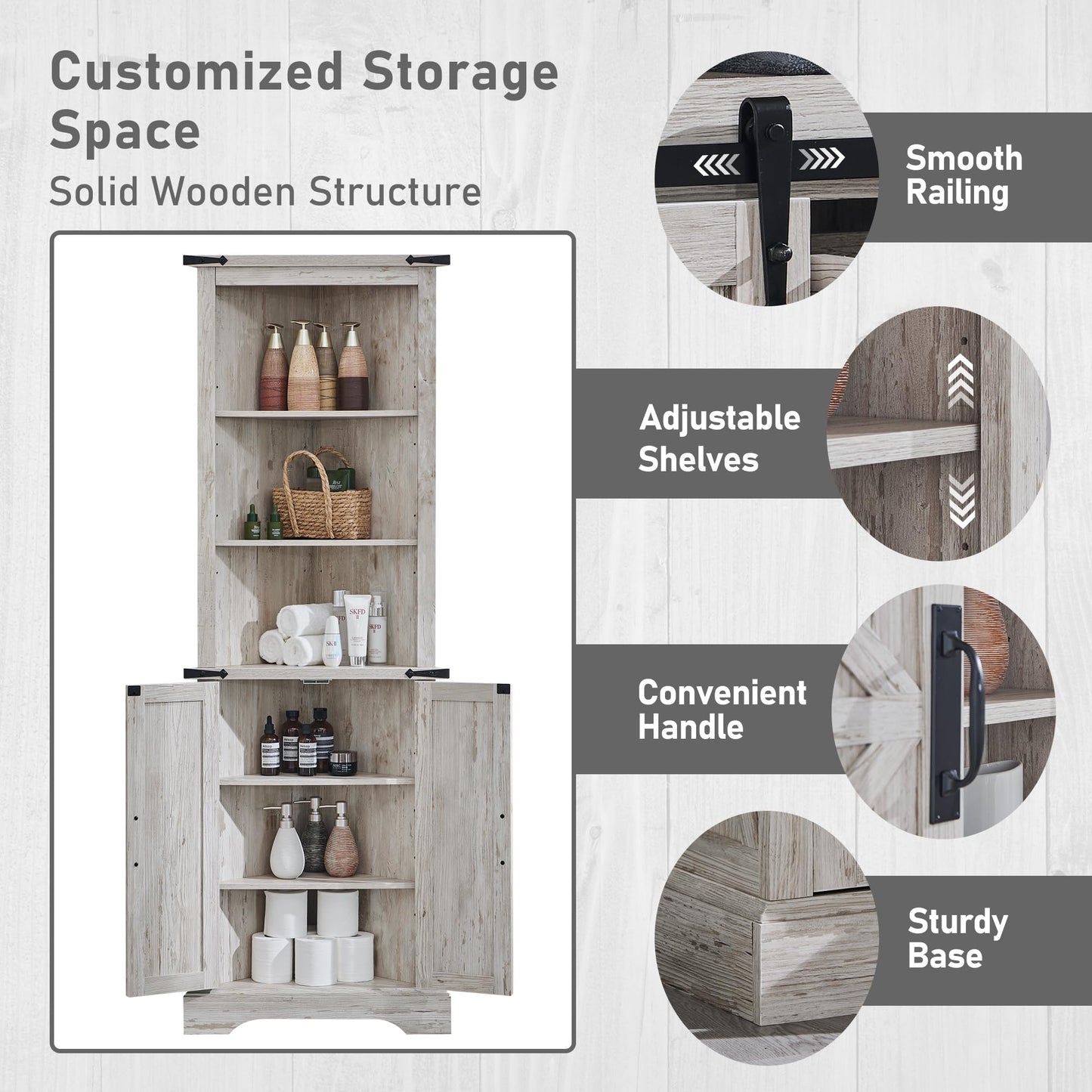 OKD Tall Corner Cabinet, Farmhouse Storage Cabinet with Barn Door Design & Adjustable Shelves, Home Space Saver for Bathroom, Living Room, Rustic Oak with Antique White