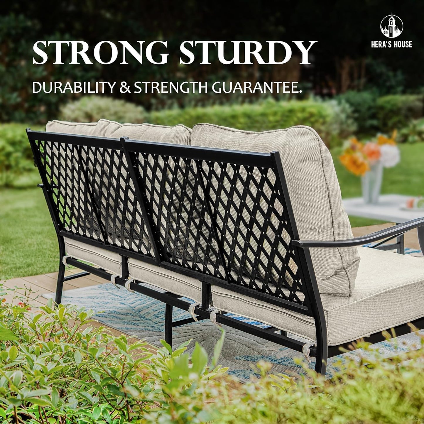 HERA'S HOUSE 7 Piece Patio Furniture Set, 2 x Rocking Chair, 2 x Fixed Chair, 2 x Ottoman, 1 x 3-Seat Sofa, All Cushioned 9 Seats Outdoor Conversation Set for Lawn Garden Backyard