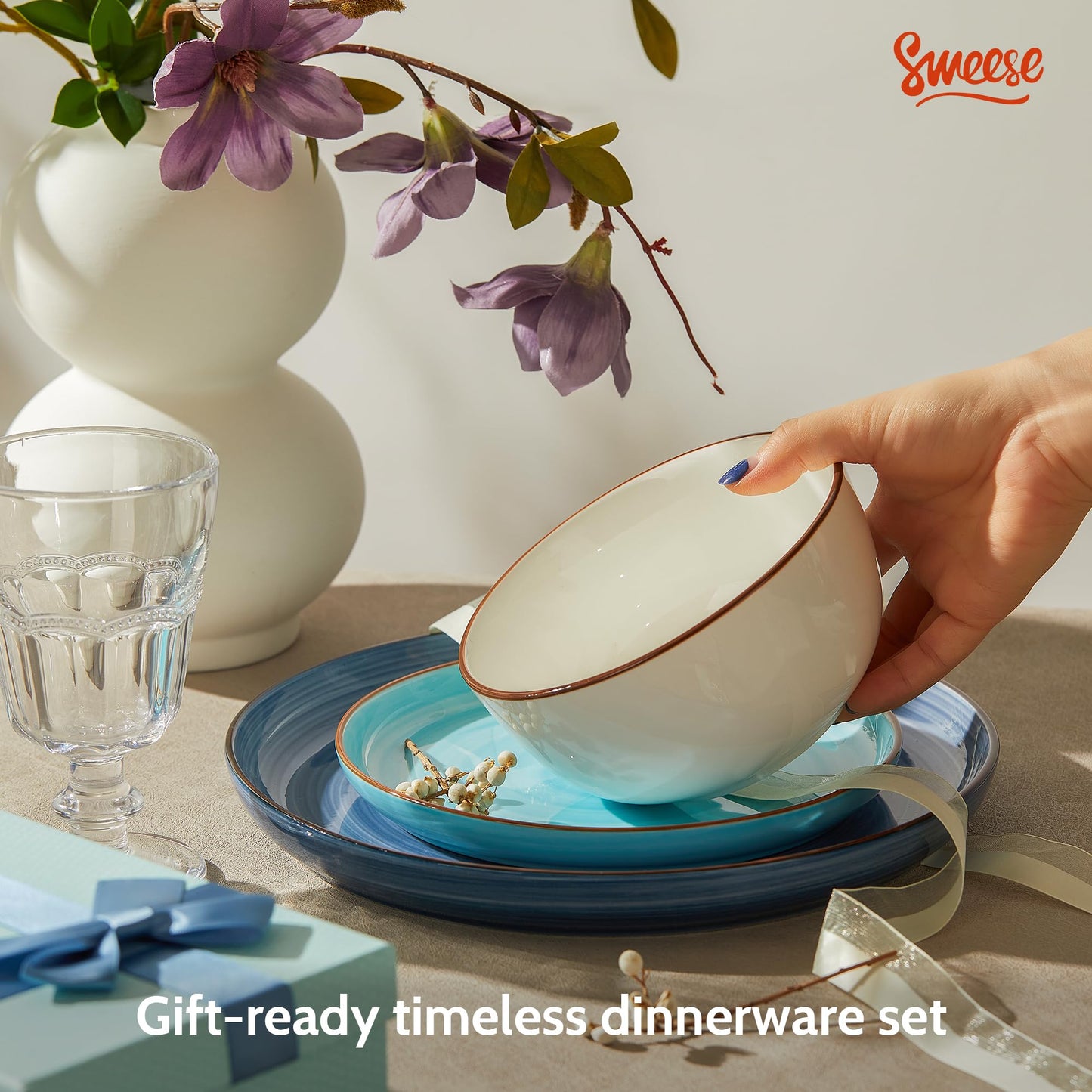 Sweese Plates and Bowls Sets, 18 Piece Dinnerware Set Porcelain Round Dinner Set for 6, Scratch Resistant Dishes Set, Dishwasher and Oven Microwave Safe Handpainted Swirl Dishware Sets, Neutral