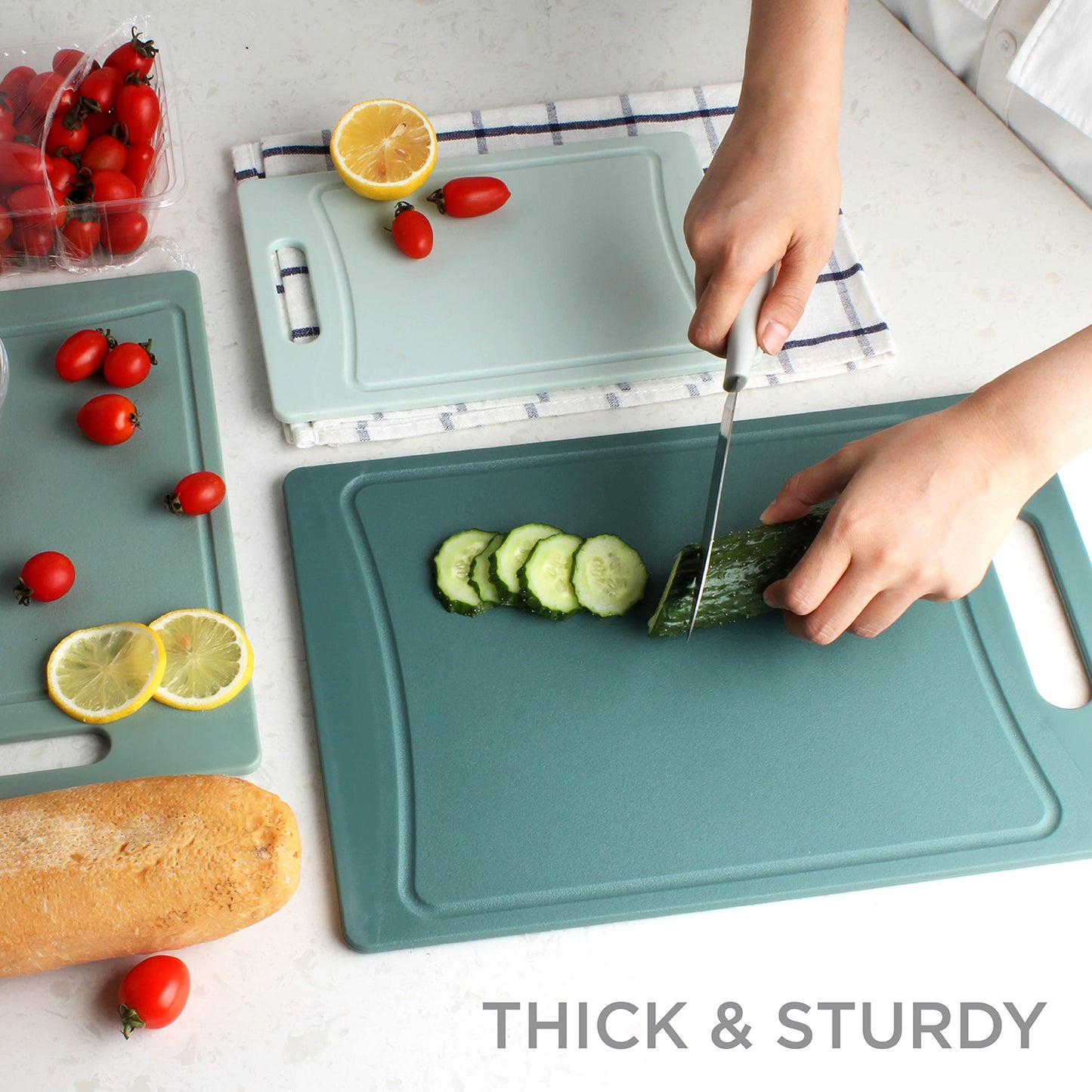 COOK WITH COLOR Non-Slip Cutting Board Set – Kitchen Essentials with Easy Grip Handle for Meat, Veggies, and Fruits, 3 Cutting Boards, Teal