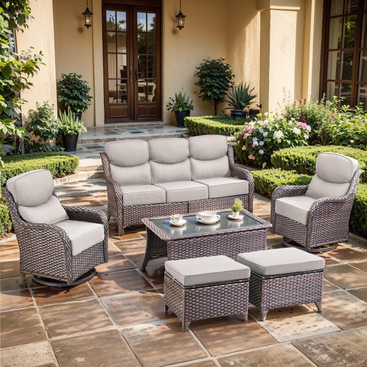 Luxury Outdoor Swivel Rocker Patio Chairs, High Back Swivel Patio Chairs with Side Table & 6-Inch Thick Cushions, Wicker Outdoor Bistro Set for Porch, Yard, Deck, Poolside, Brown/Beige