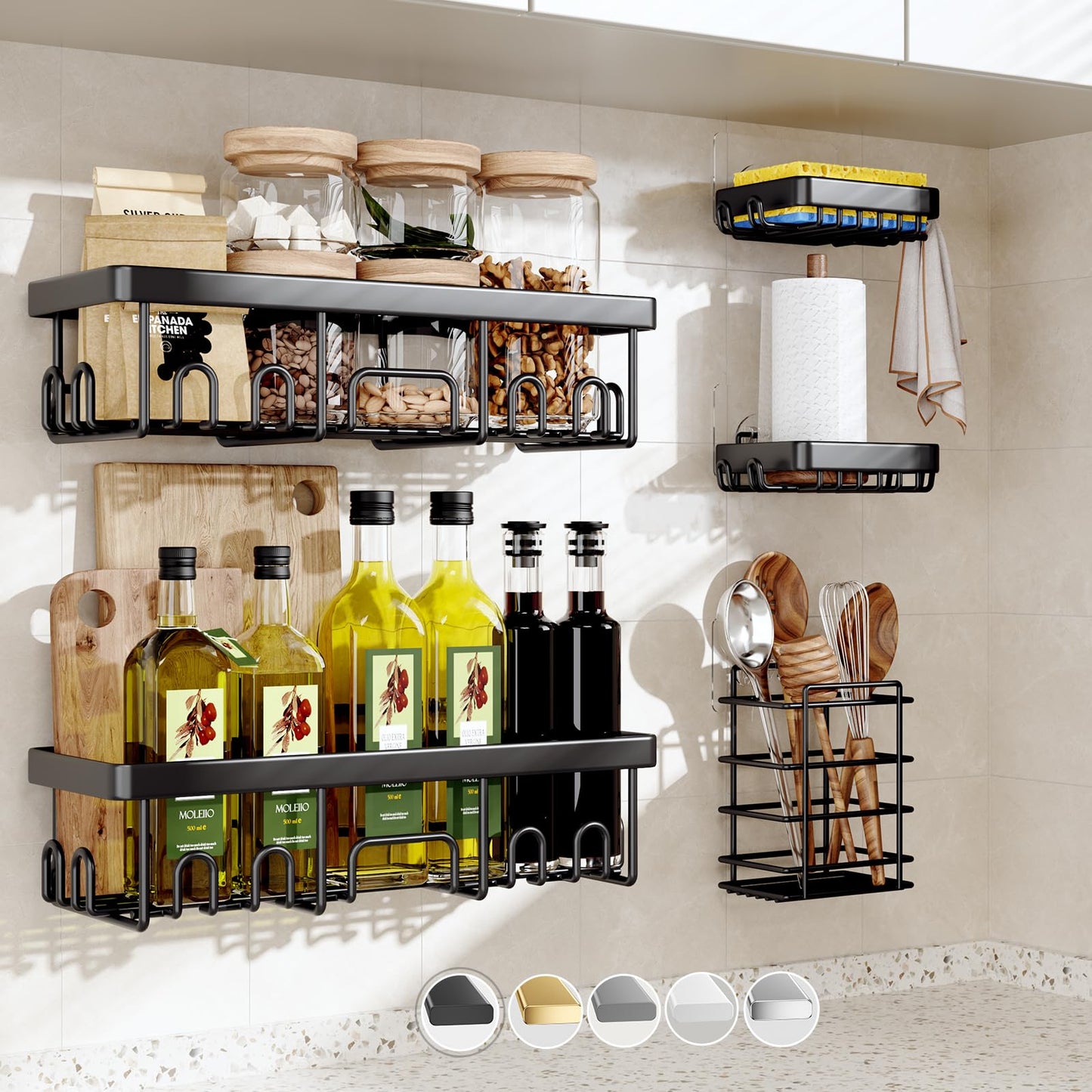 Veken Stainless Steel Shower Caddy 6-Pack, No Drilling & Rustproof, Waterproof Adhesive Shelves Rack with Soap Holder, Large Capacity Bathroom Organizers and Storage, Wall-Mounted Kitchen & Home Decor