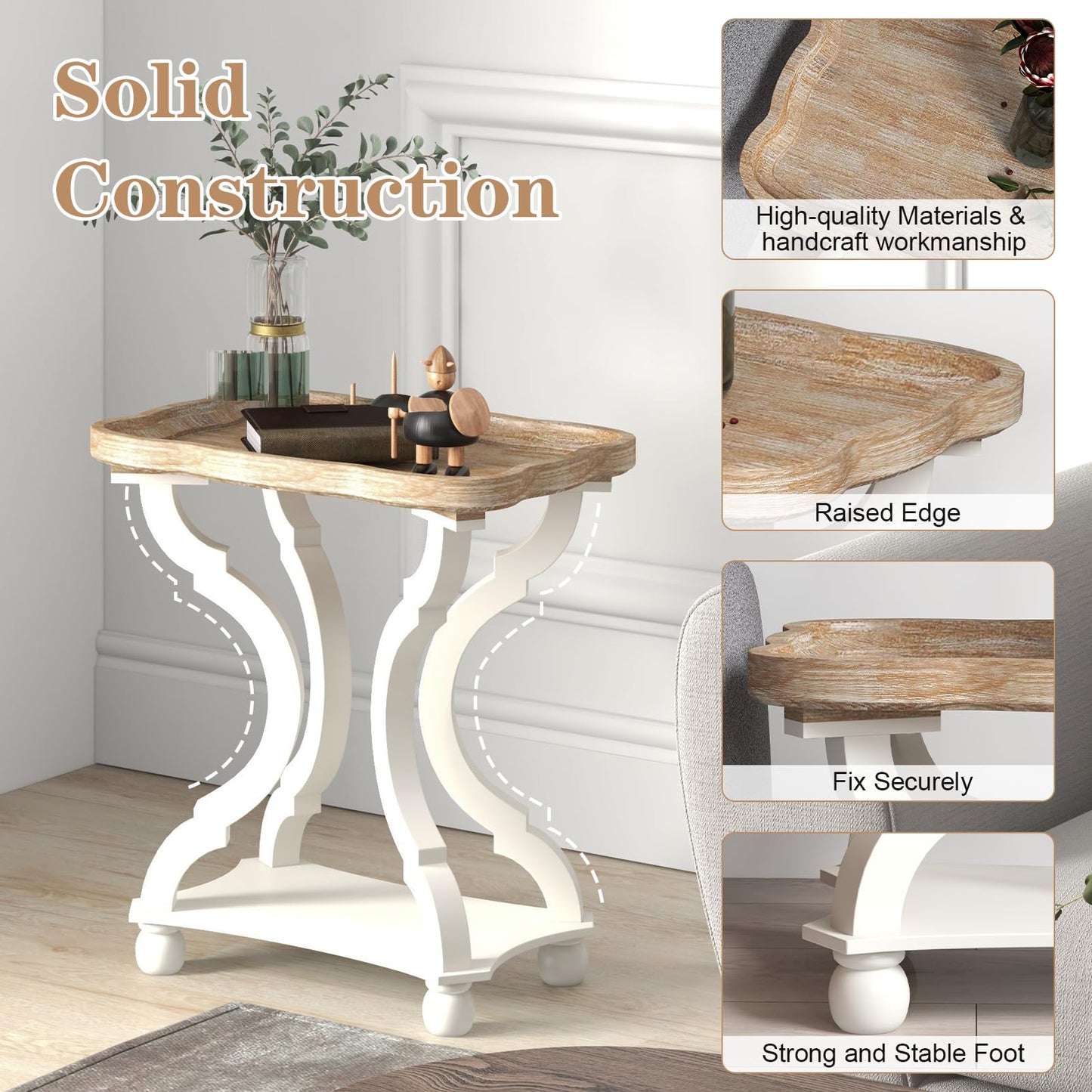 Kinfant Square Accent Side Table - Vintage Wood End Table Sofa Table with Bottom Shelf for Living Room, Bedroom, Office, White