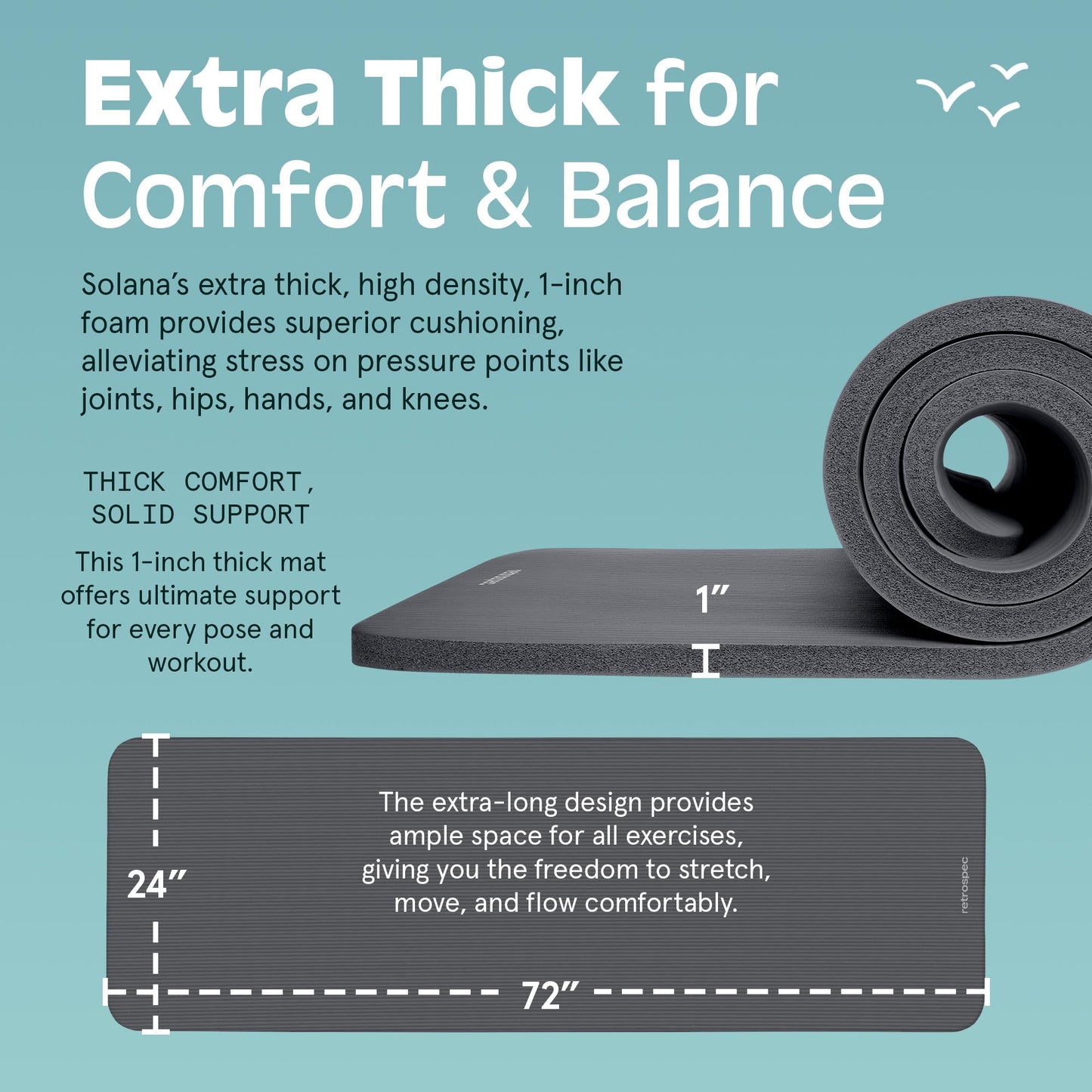 Retrospec Solana Yoga Mat 1" Thick With Nylon Carry Strap for Men & Women - Non Slip Exercise Mat for Home Yoga, Pilates, Stretching, Floor & Fitness Workouts