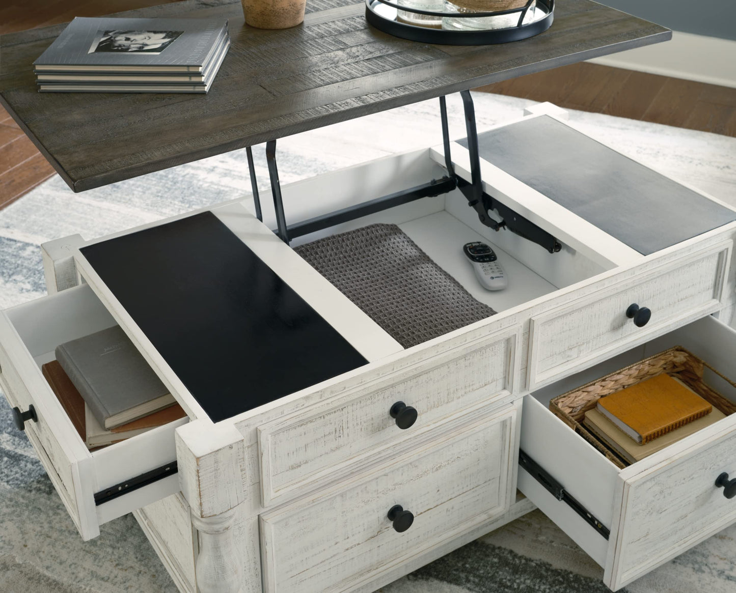 Signature Design by Ashley Havalance Farmhouse Lift Top Coffee Table with Fixed Shelf and 2 Hidden Storage Trays, Gray & White with Weathered Finish