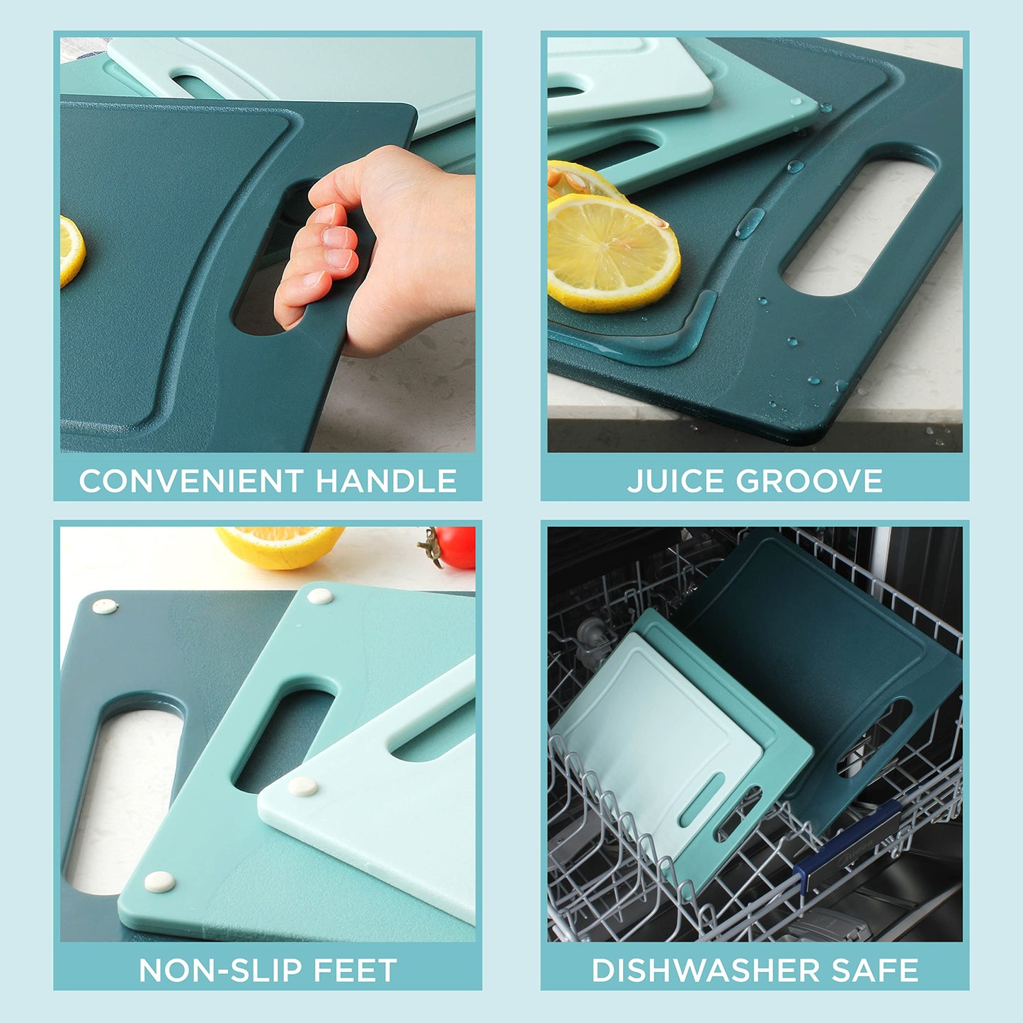 COOK WITH COLOR Non-Slip Cutting Board Set – Kitchen Essentials with Easy Grip Handle for Meat, Veggies, and Fruits, 3 Cutting Boards, Teal