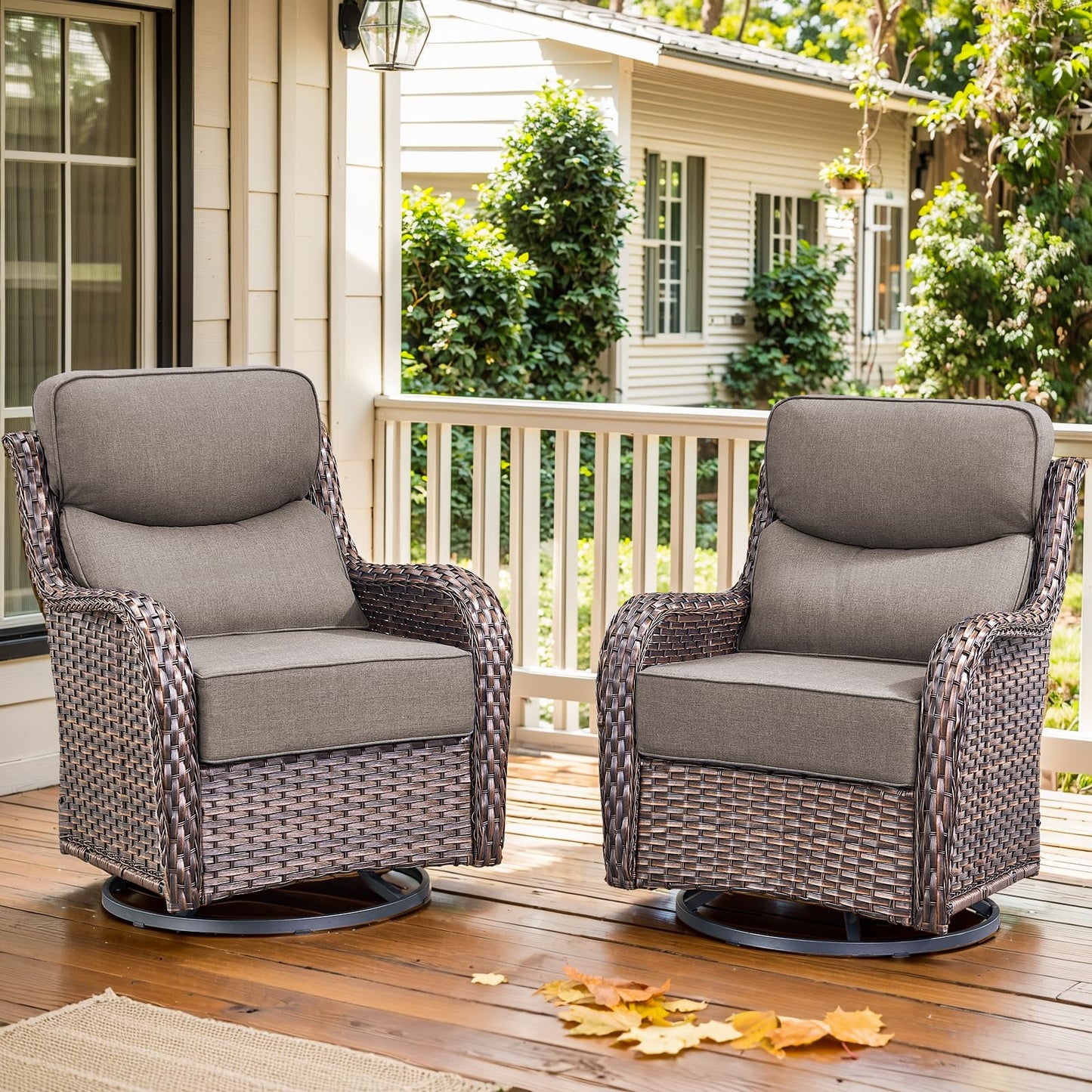 Luxury Outdoor Swivel Rocker Patio Chairs, High Back Swivel Patio Chairs with Side Table & 6-Inch Thick Cushions, Wicker Outdoor Bistro Set for Porch, Yard, Deck, Poolside, Brown/Beige