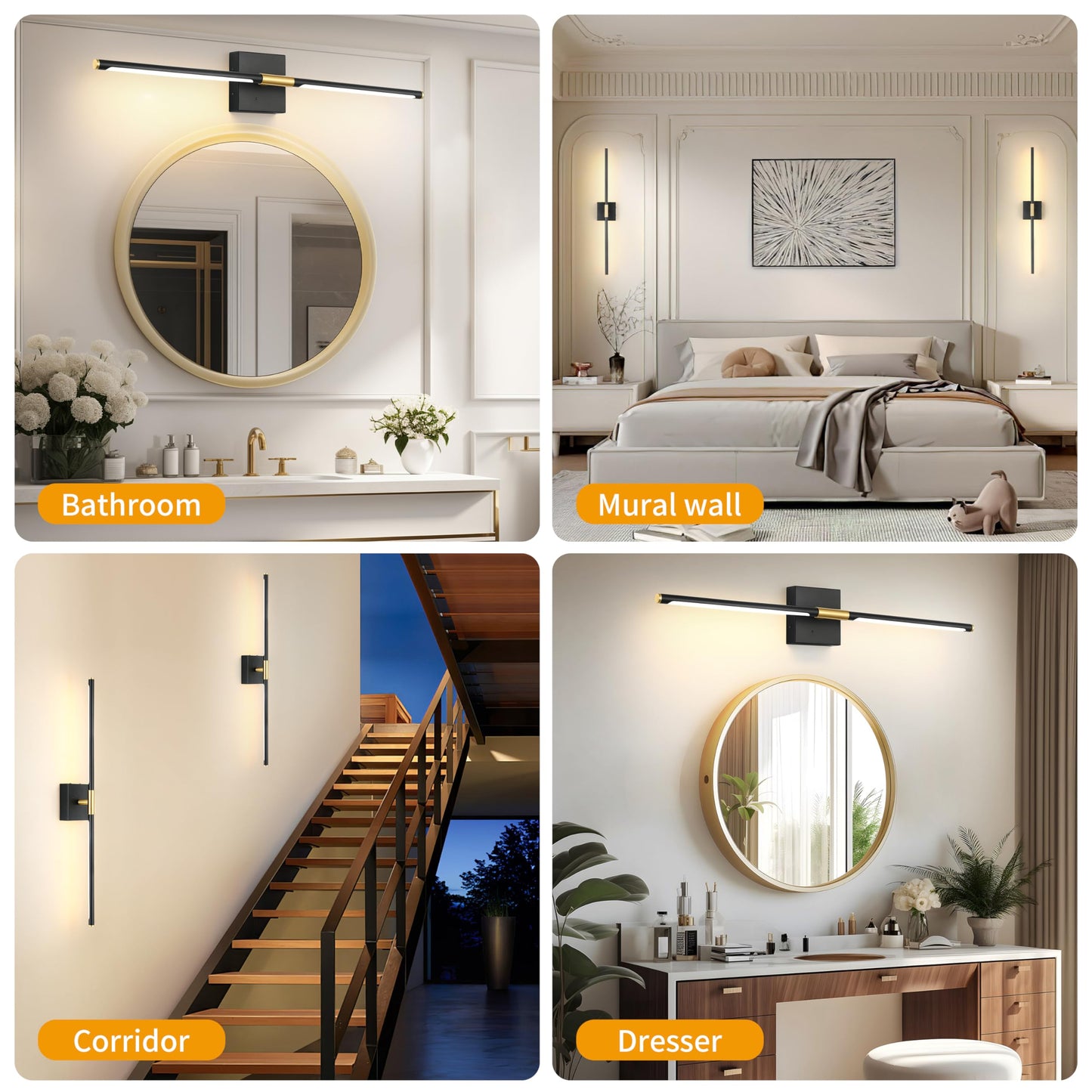 Battery Operated Wall Sconces Set of 2, Dimmable Battery Wall Sconce with Remote Control, Black Gold LED Rechargeable Sconces, 24 Inch Modern Wireless Wall Lights for Bedroom, Living Room