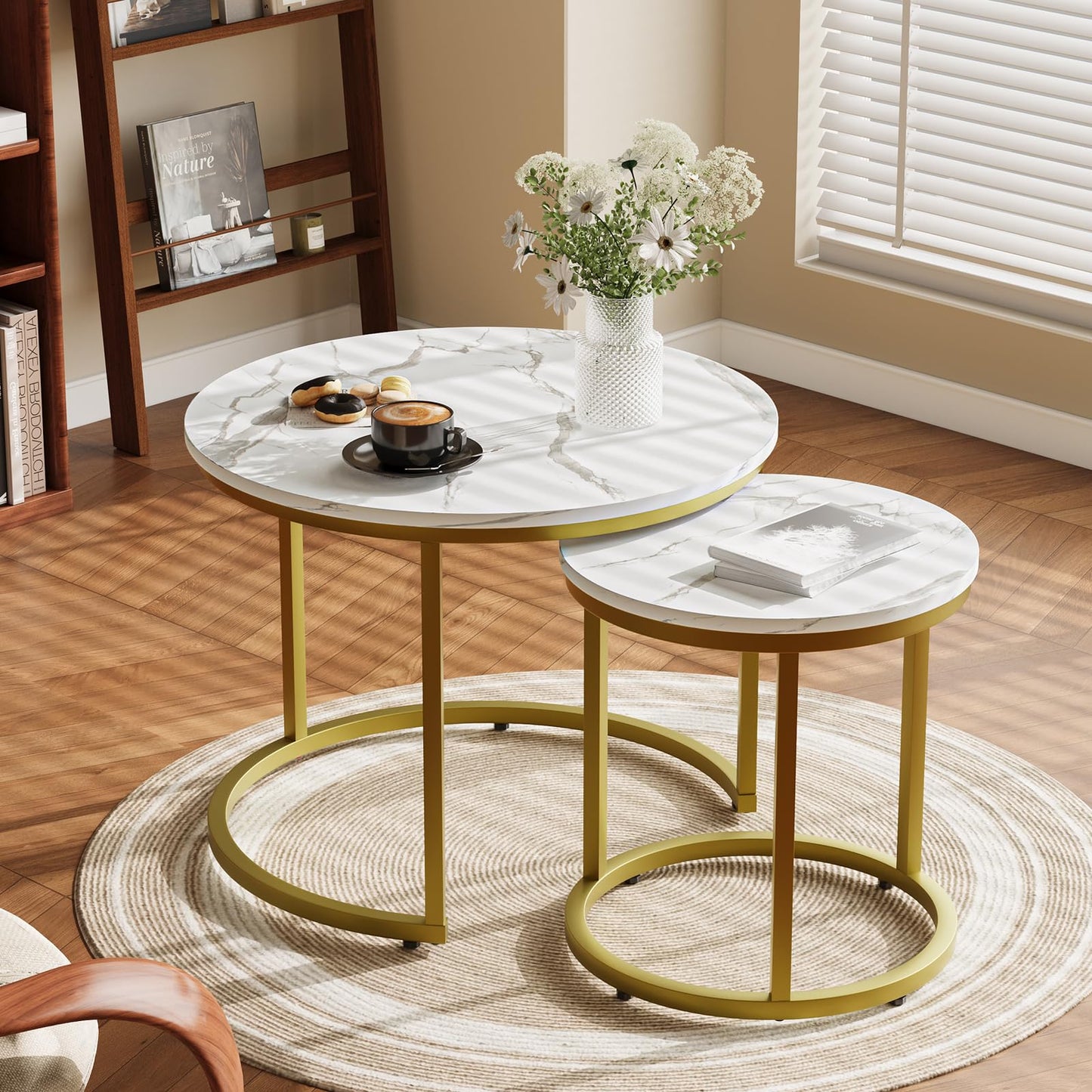 Smuxee Nesting Coffee Table Set of 2, 23.6" Round Coffee Table Wood Grain Top with Adjustable Non-Slip Feet, Industrial End Table Side Tables for Living Room Bedroom Balcony Yard