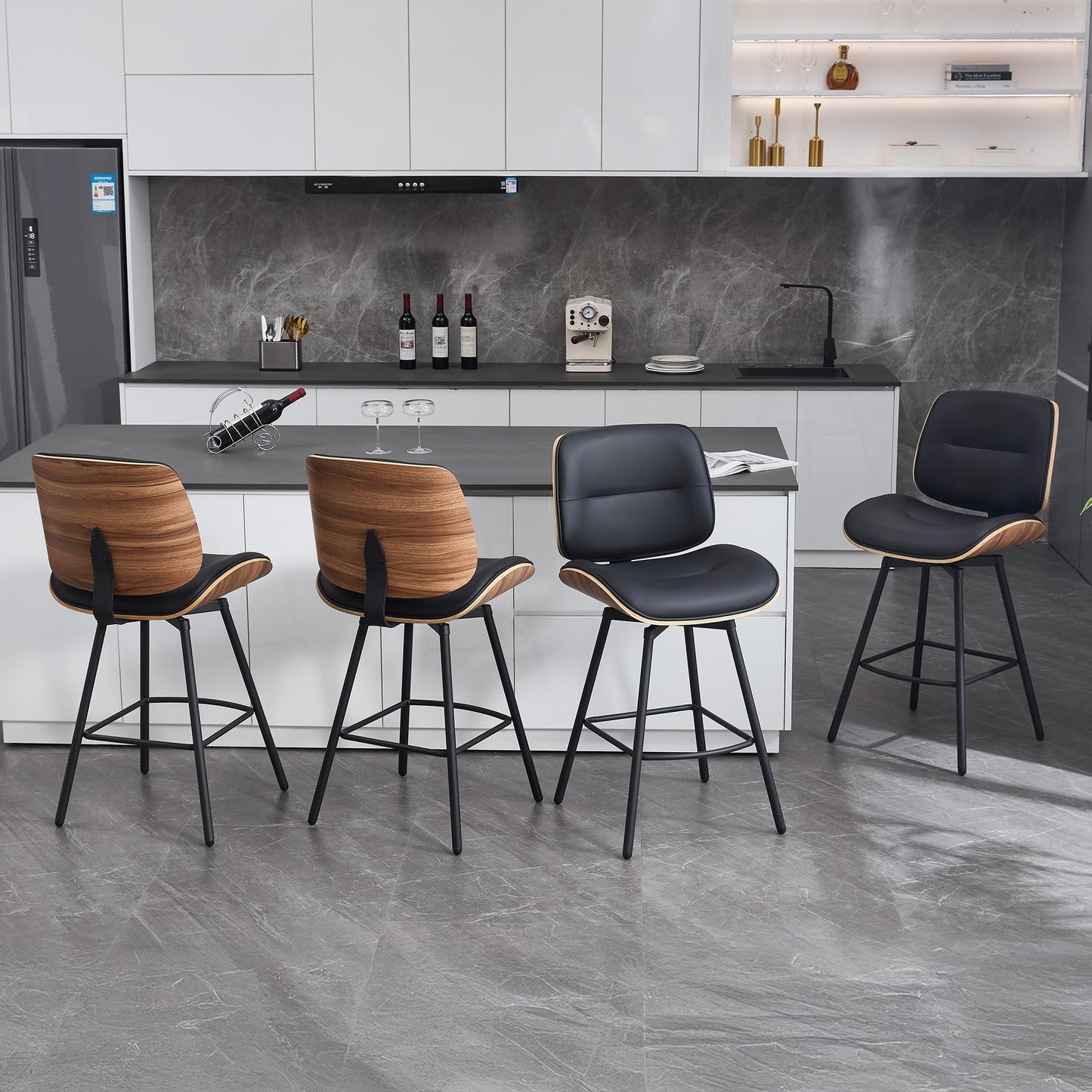 BFZ 27" Swivel Bar Stools Set of 2, Mid Century Modern Counter Height Barstools with Walnut Back and Metal Legs, Upholstered Faux Leather Bar Chairs for Kitchen Island