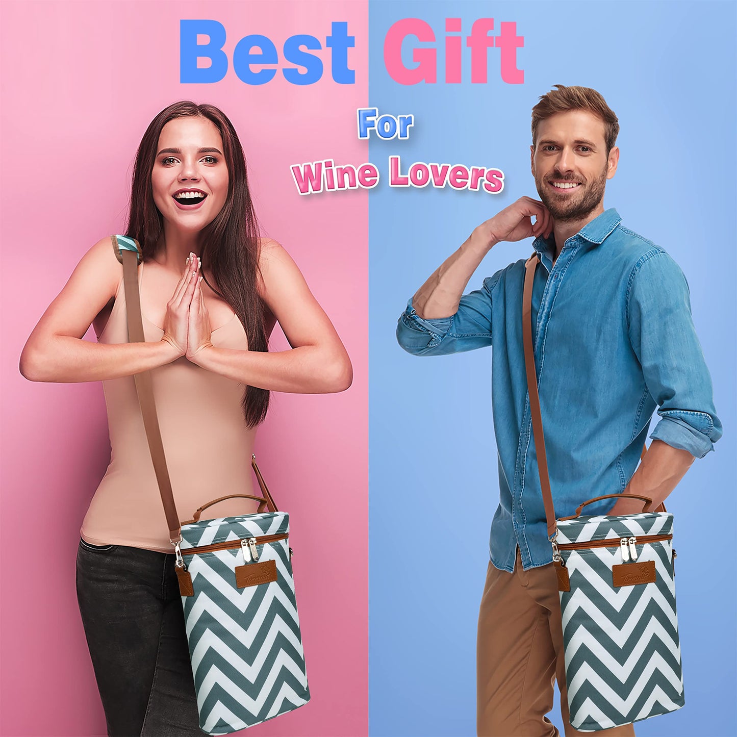 Tirrinia 2 Bottle Leakproof Insulated Wine Tote Carrier Bag - Padded Cooler for Travel, Restaurants, Tasting, Parties, Great Gift for Wine Lovers