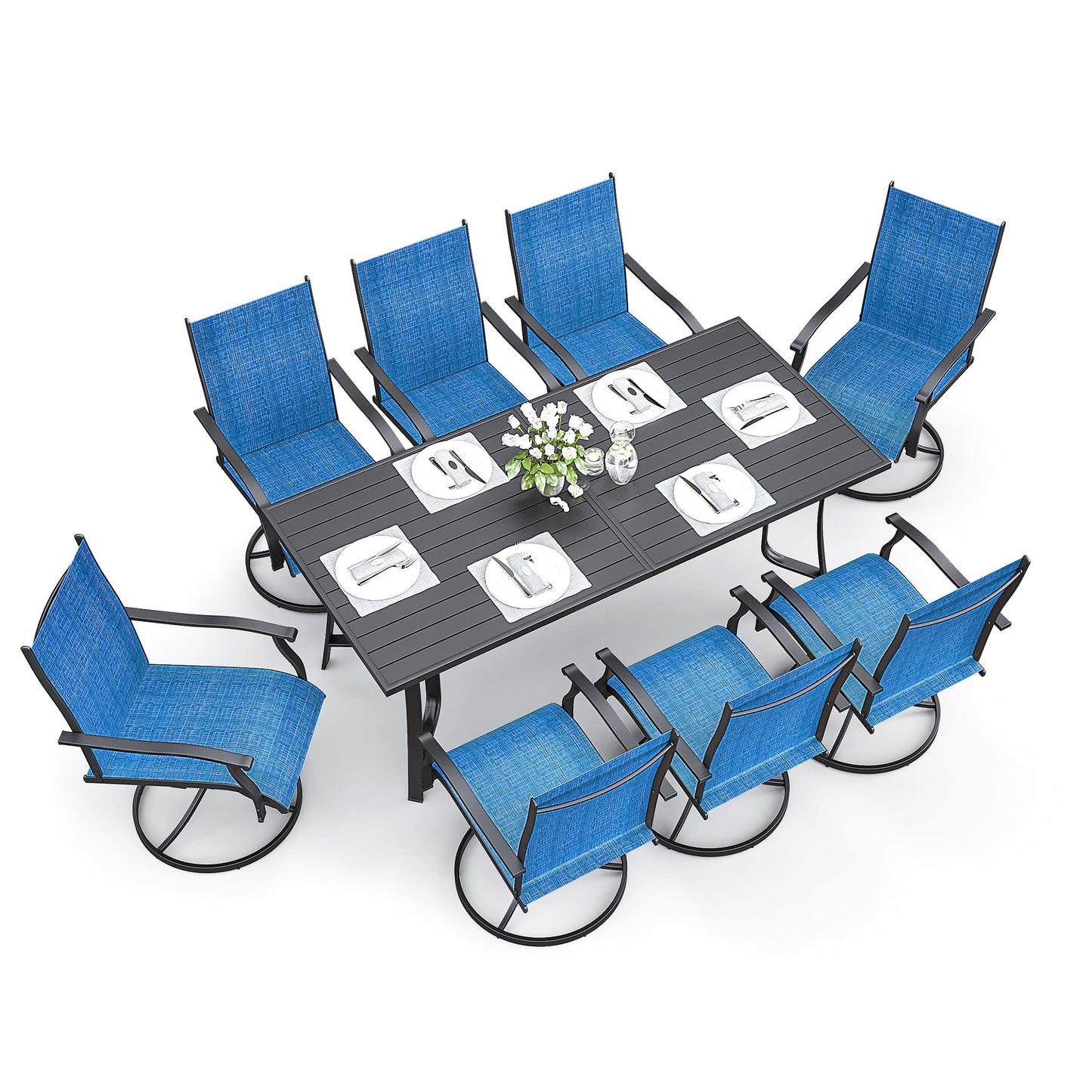 9-Piece Outdoor Patio Dining Set with 8 Swivel Rocker Chairs, Rectangular Metal Table with Umbrella Hole, 8-Person Patio Table and Chairs for Backyard, Poolside, Balcony and Garden Grey