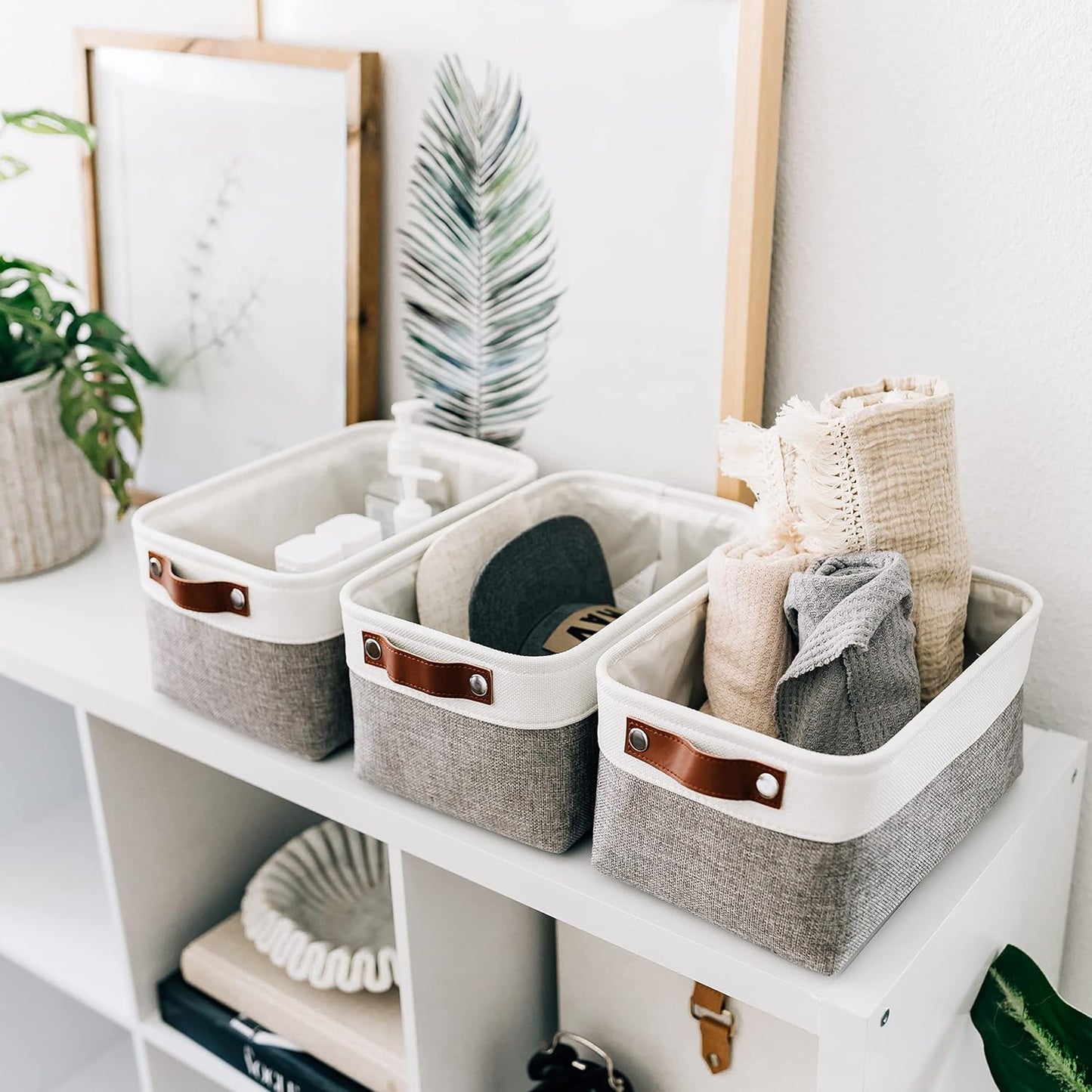 OrganiHaus Small Fabric Storage Baskets for Shelves 3 Pack, 12x8in Closet Storage Bins for Shelves, Cloth Baskets for Organizing, Linen Closet Organizers, Fabric Basket, Beige/White