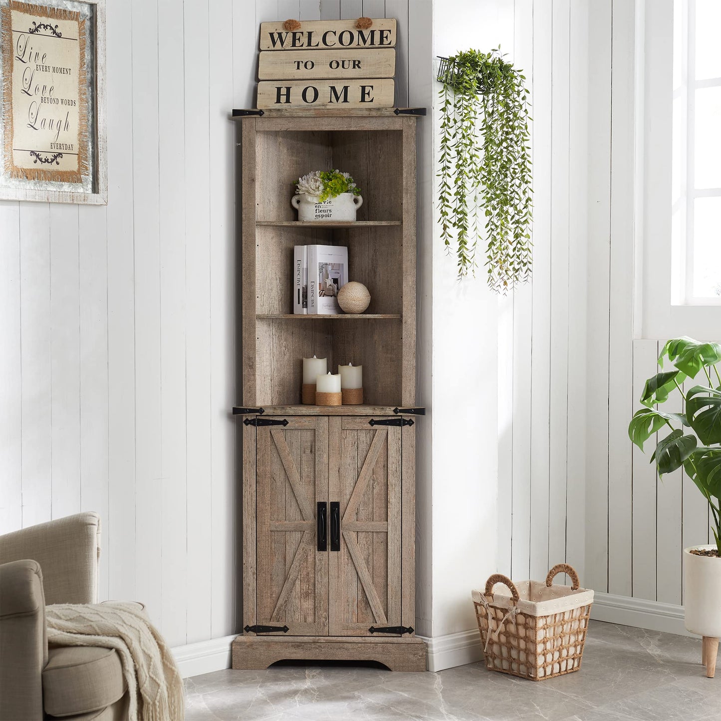 OKD Tall Corner Cabinet, Farmhouse Storage Cabinet with Barn Door Design & Adjustable Shelves, Home Space Saver for Bathroom, Living Room, Rustic Oak with Antique White
