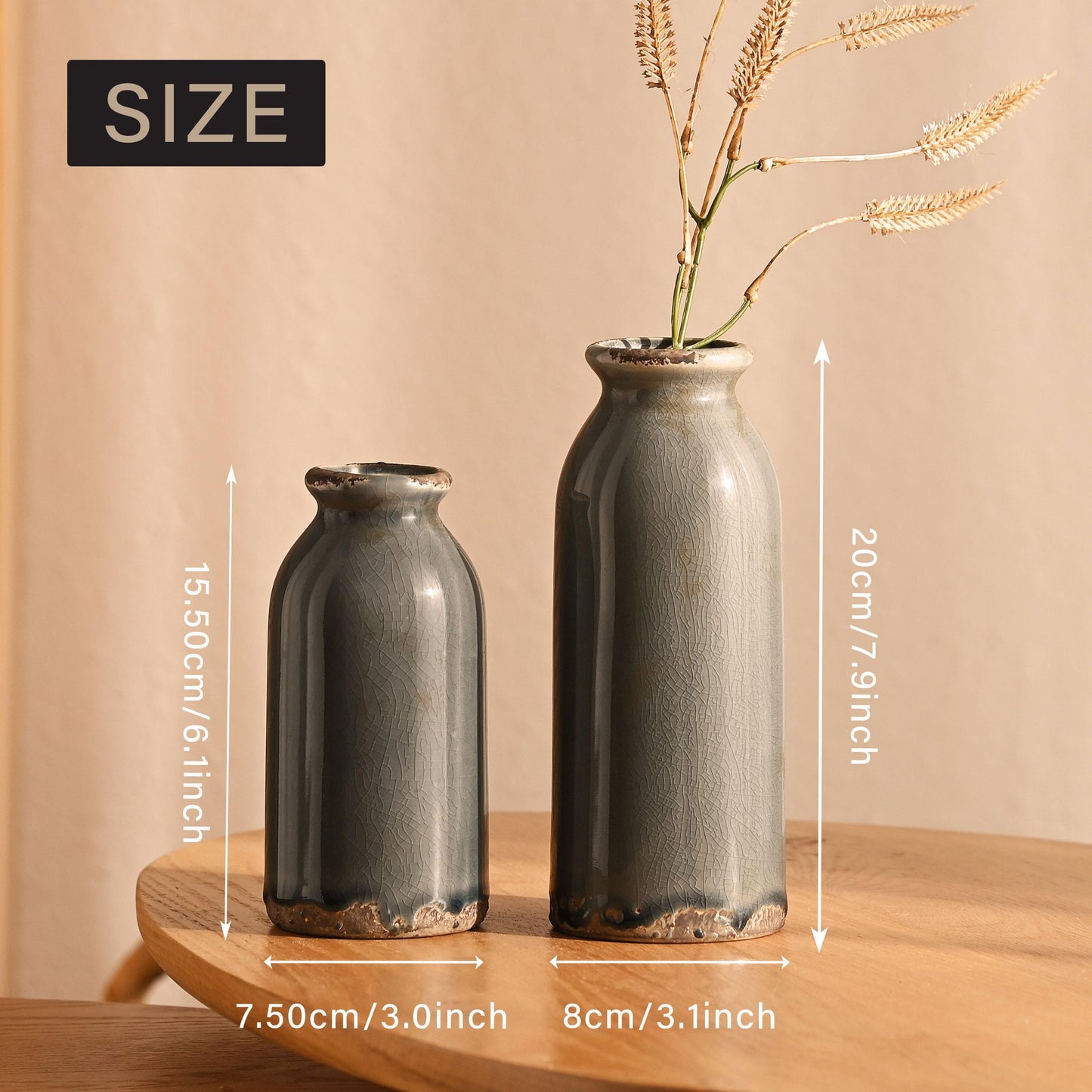 VICTOR & TERESA White Ceramic Vases Home Decor, Farmhouse Vase for Flowers, Flower Vase Set of 2, Rustic Decorative Vases for Pampas Grass, Table, Living Room, Shelf, Centerpieces, 8 inch
