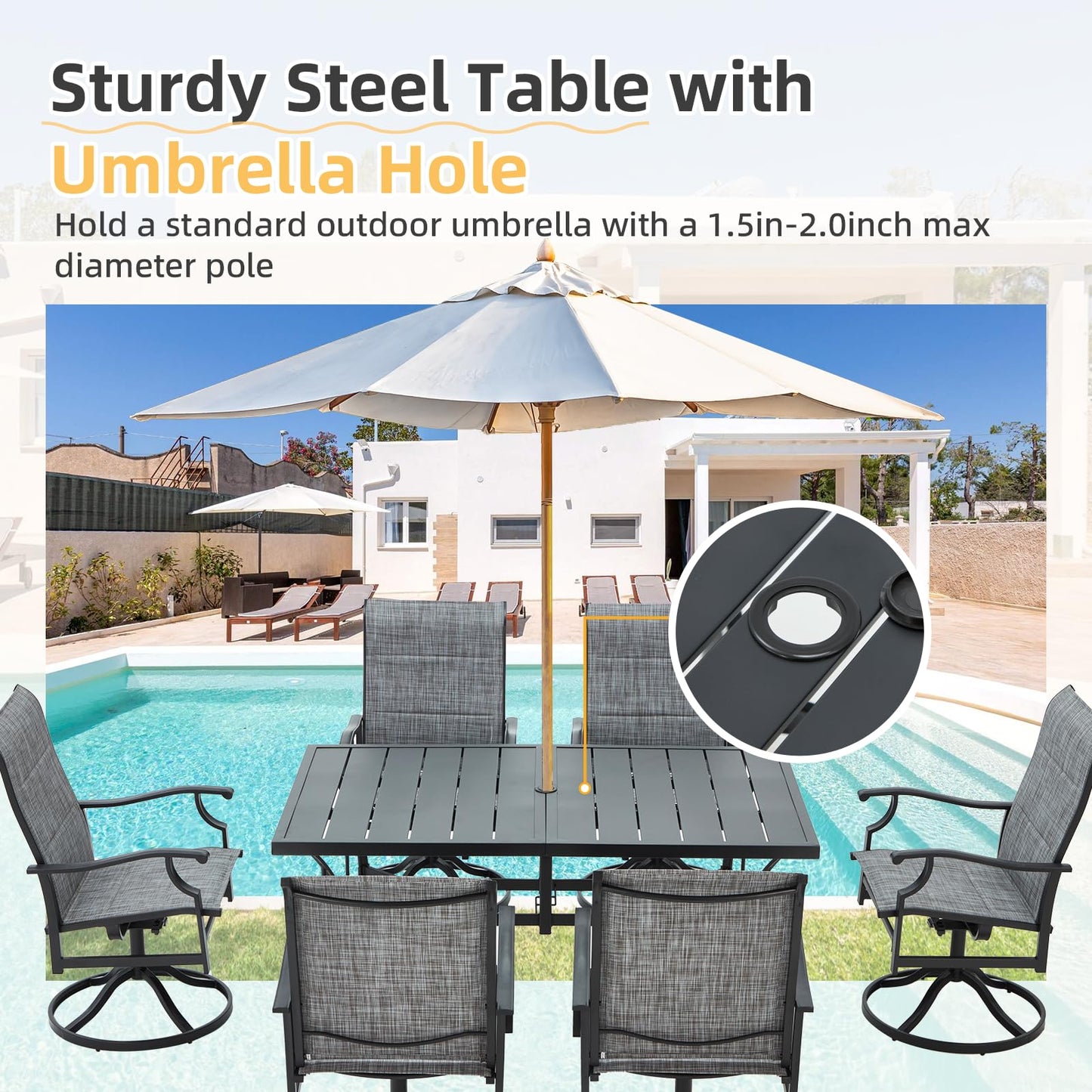 9-Piece Outdoor Patio Dining Set with 8 Swivel Rocker Chairs, Rectangular Metal Table with Umbrella Hole, 8-Person Patio Table and Chairs for Backyard, Poolside, Balcony and Garden Grey