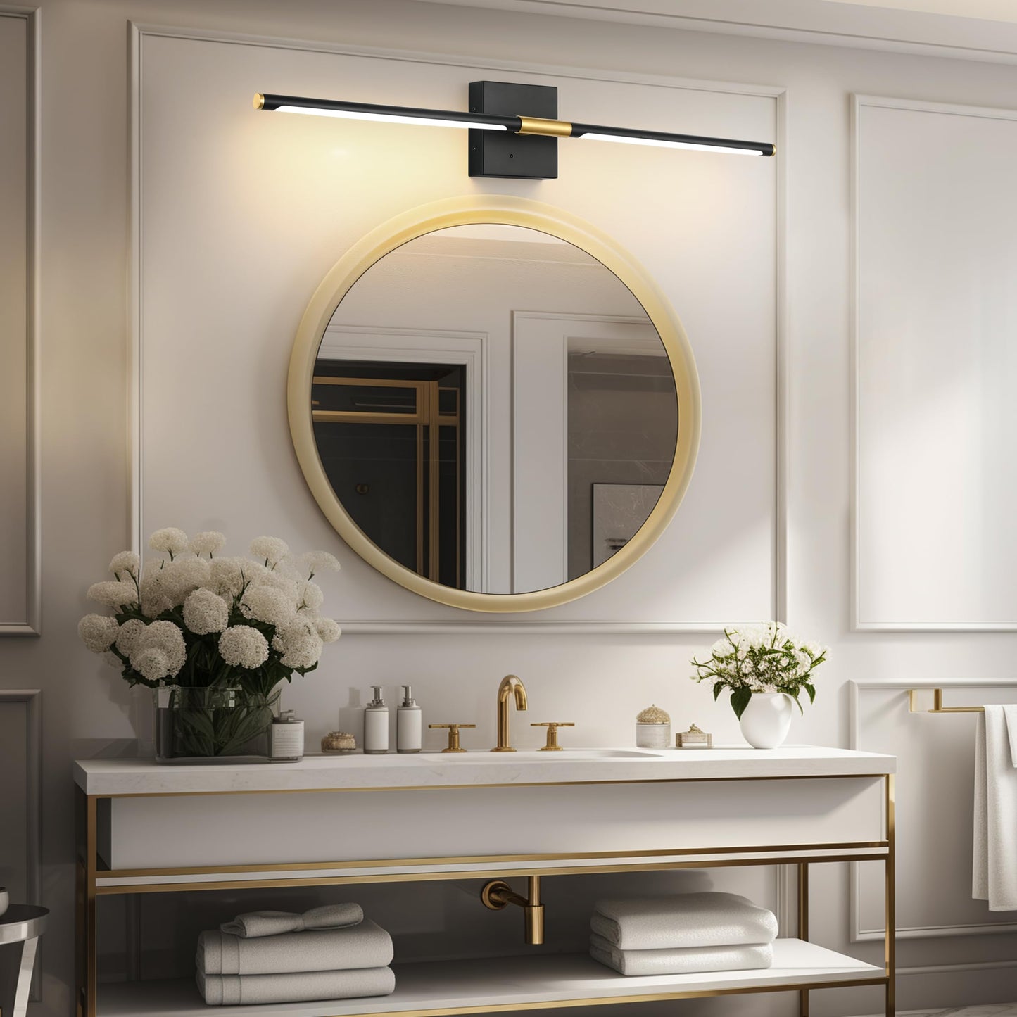 Battery Operated Wall Sconces Set of 2, Dimmable Battery Wall Sconce with Remote Control, Black Gold LED Rechargeable Sconces, 24 Inch Modern Wireless Wall Lights for Bedroom, Living Room