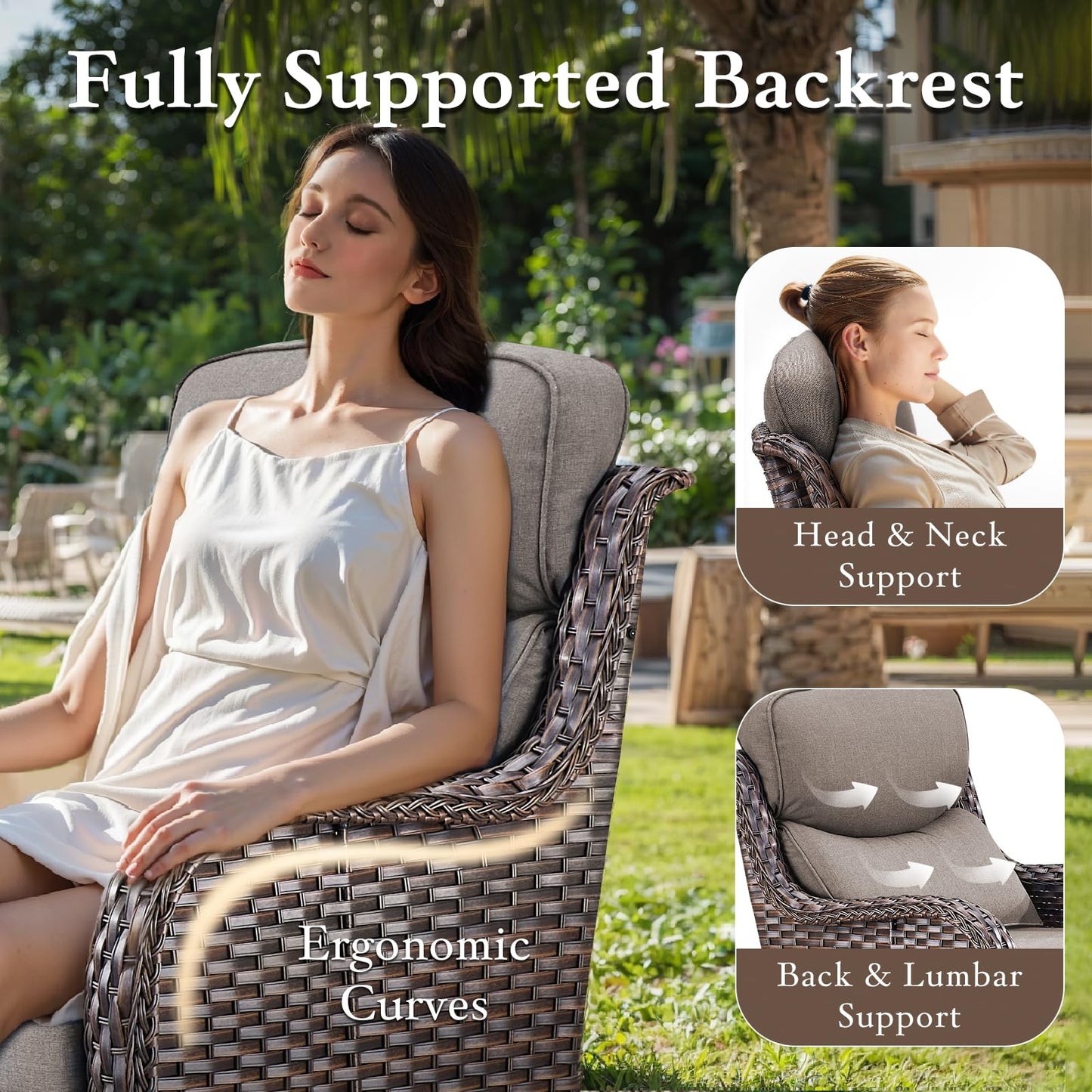 Luxury Outdoor Swivel Rocker Patio Chairs, High Back Swivel Patio Chairs with Side Table & 6-Inch Thick Cushions, Wicker Outdoor Bistro Set for Porch, Yard, Deck, Poolside, Brown/Beige