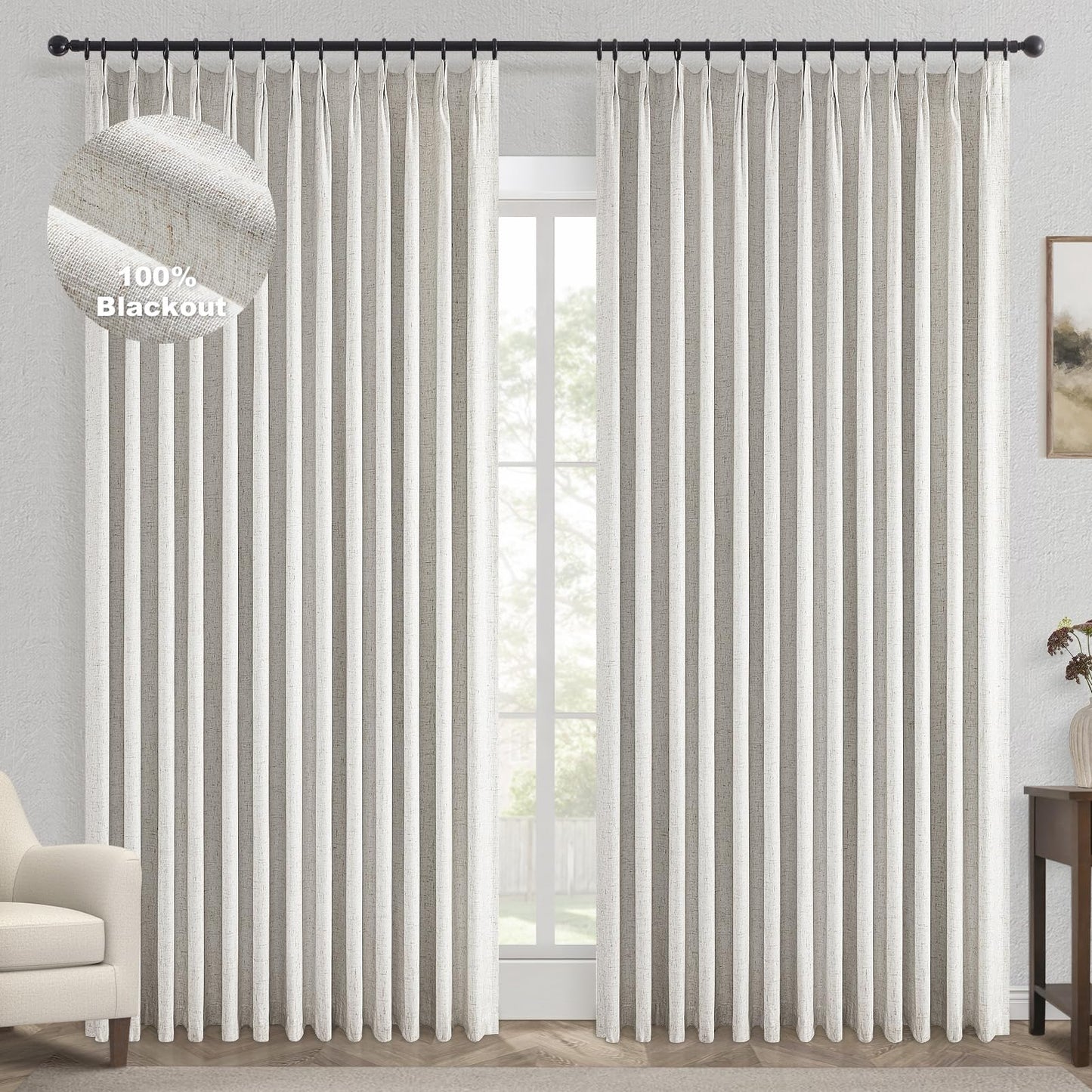 Topfinel 120 Inches Long Extra Long Pinch Pleat Faux Linen Curtains for Living Room,Neutral Beige 100 Percent Blackout Floor to Ceiling Farmhouse Sound Absorbing Drapes 2 Panels for Track System 10 FT