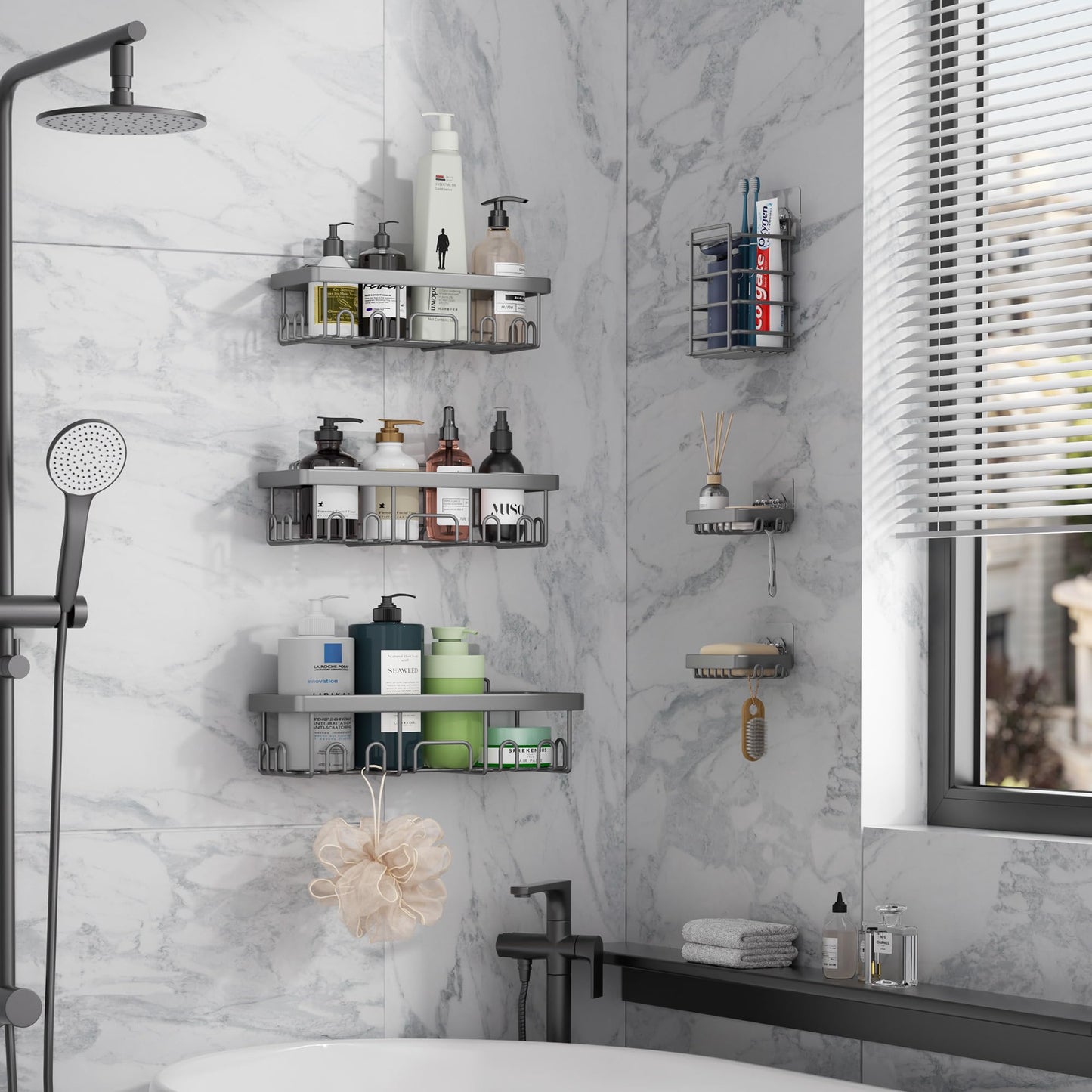Veken Stainless Steel Shower Caddy 6-Pack, No Drilling & Rustproof, Waterproof Adhesive Shelves Rack with Soap Holder, Large Capacity Bathroom Organizers and Storage, Wall-Mounted Kitchen & Home Decor
