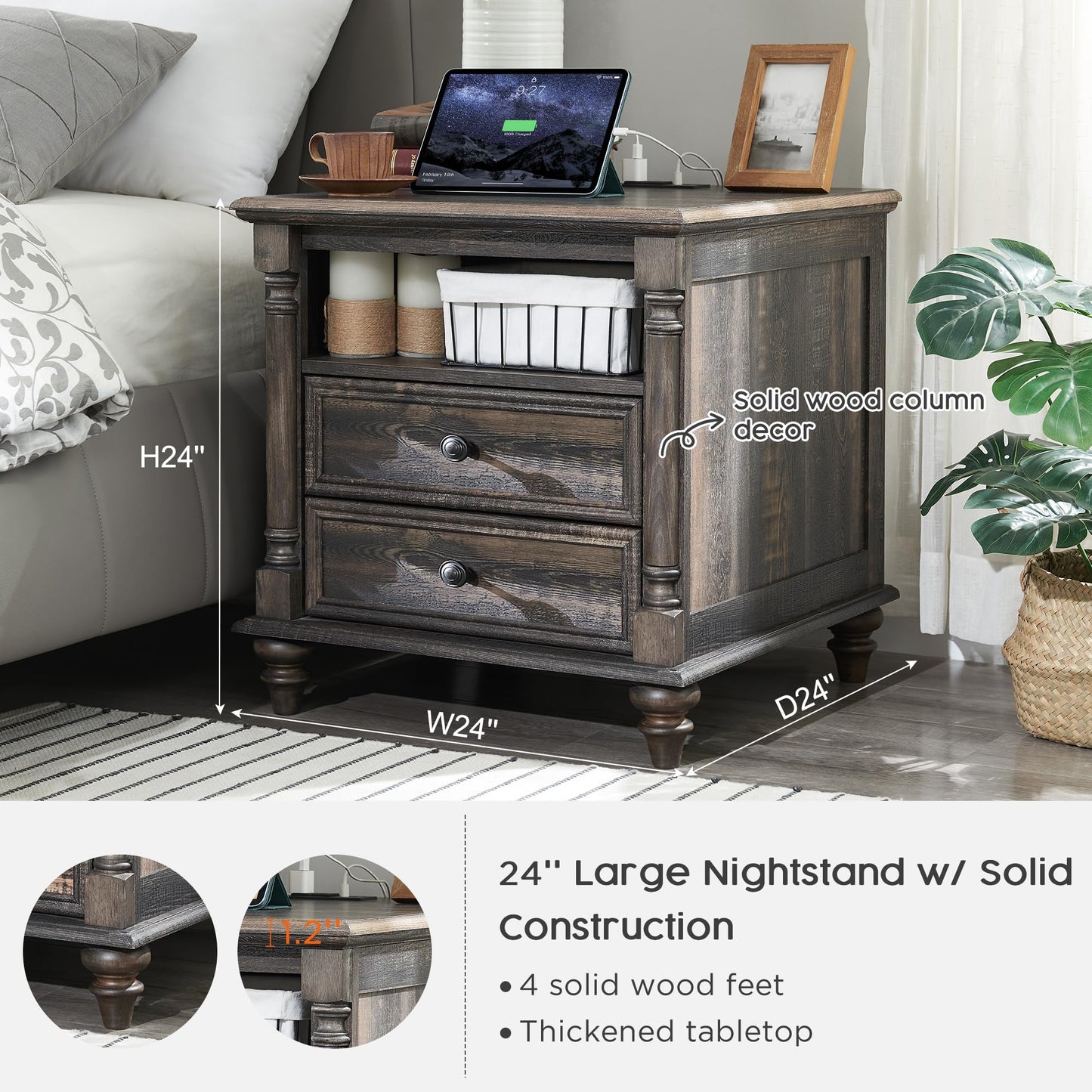 T4TREAM 24'' Farmhouse End Table w/4 Solid Wood Feet, Large 2 Drawers Wide Sofa Side Table with Charging Station, Tall Rustic Wood Square Nightstand for Living Room, Bedroom, Office, Antique White
