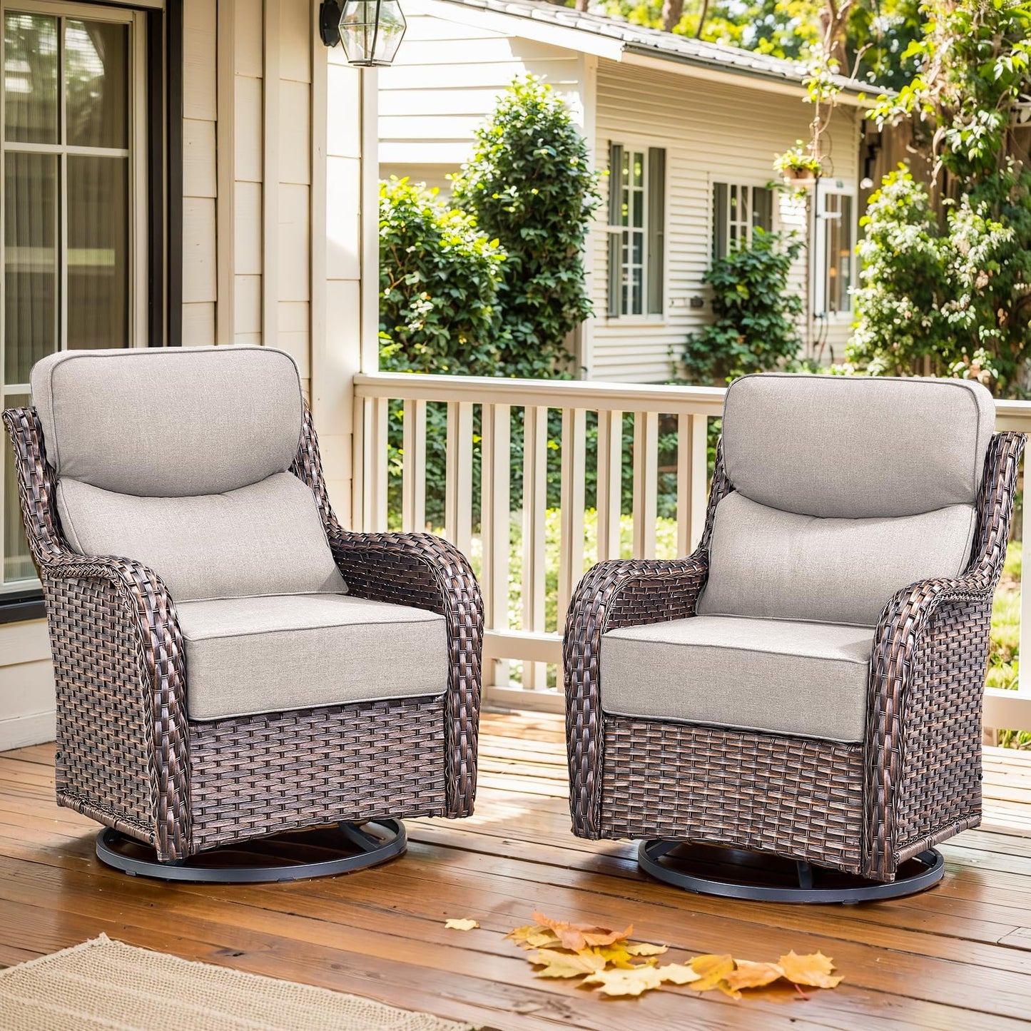 Luxury Outdoor Swivel Rocker Patio Chairs, High Back Swivel Patio Chairs with Side Table & 6-Inch Thick Cushions, Wicker Outdoor Bistro Set for Porch, Yard, Deck, Poolside, Brown/Beige