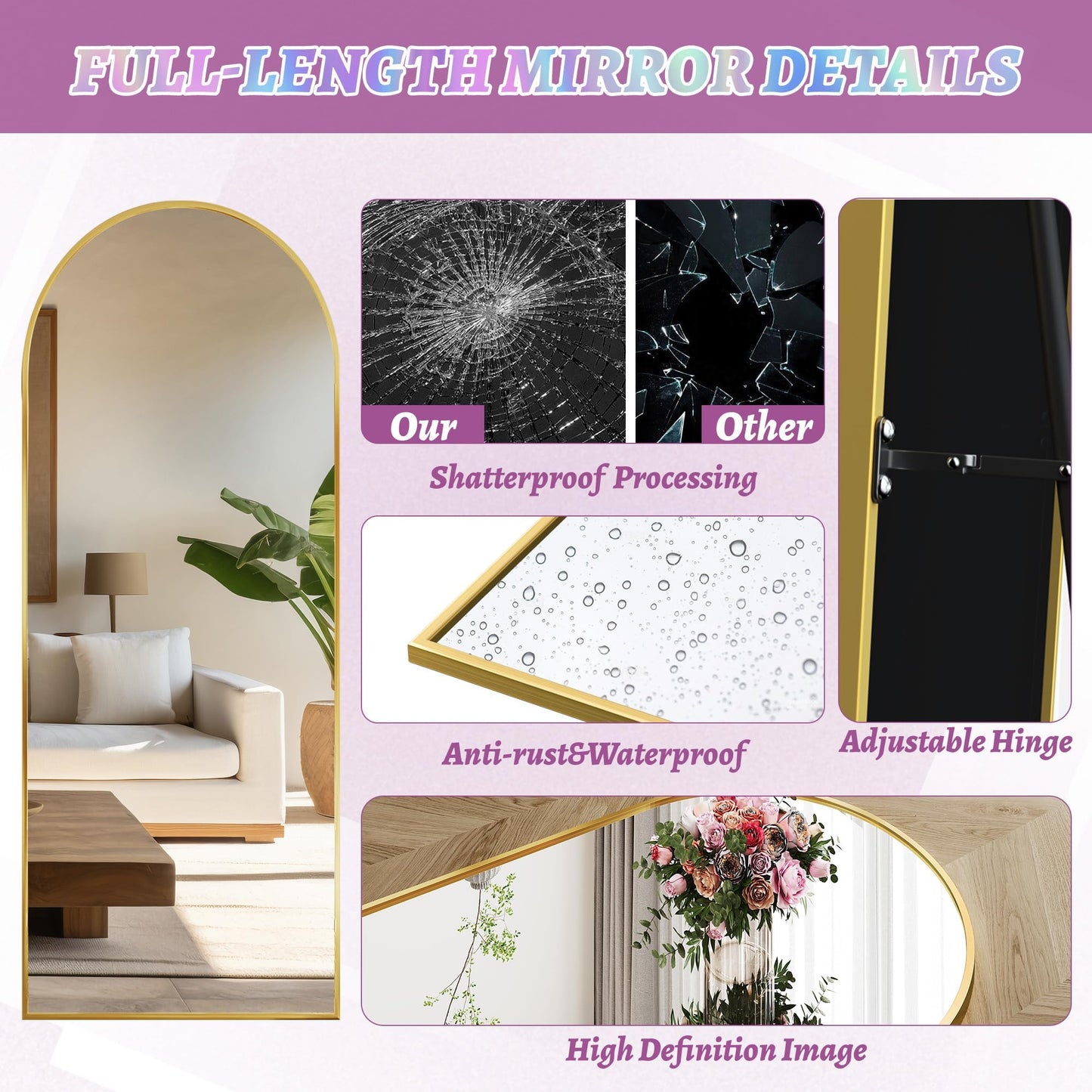 Full Length Mirror, 76"x34" Arched Floor Mirror Freestanding, Floor Standing Full Body Mirror with Stand for Bedroom, Hanging Mounted for Living Room Cloakroom, Black