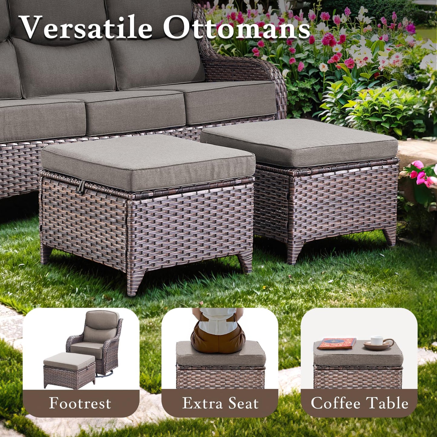 Luxury Outdoor Swivel Rocker Patio Chairs, High Back Swivel Patio Chairs with Side Table & 6-Inch Thick Cushions, Wicker Outdoor Bistro Set for Porch, Yard, Deck, Poolside, Brown/Beige