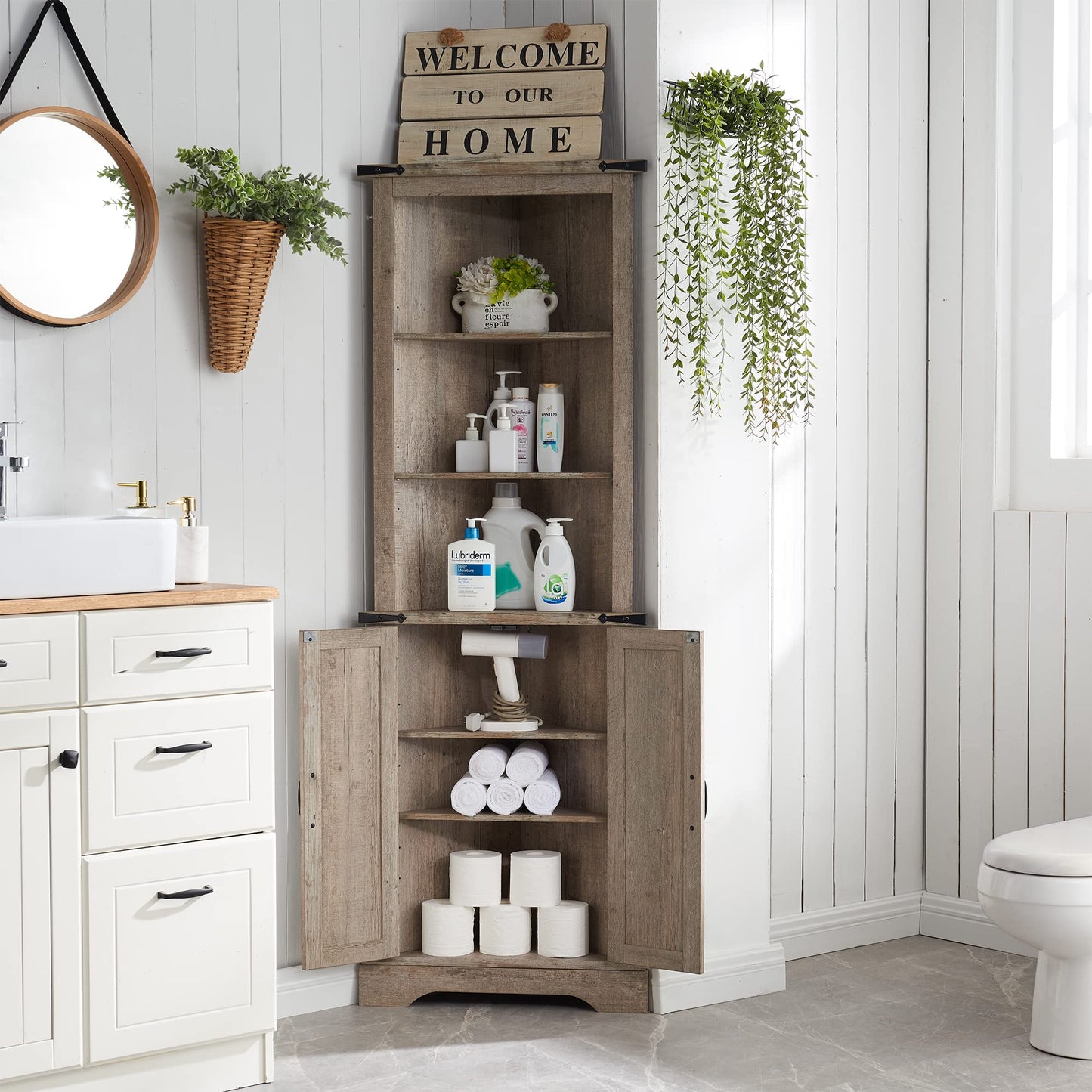 OKD Tall Corner Cabinet, Farmhouse Storage Cabinet with Barn Door Design & Adjustable Shelves, Home Space Saver for Bathroom, Living Room, Rustic Oak with Antique White
