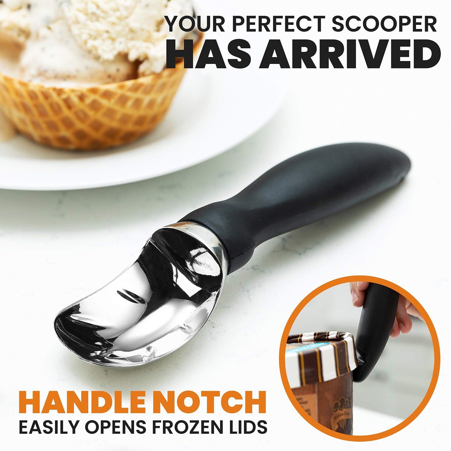 Spring Chef Heavy Duty Ice Cream Scoop with Comfortable Handle - Professional Ice Cream Scooper for Gelato, Sorbet, Cookie Dough, Melon, Frozen Yogurt - Dishwasher Safe Metal Kitchen Tool - Black