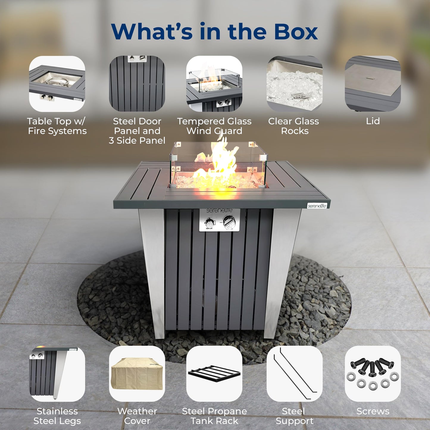 SereneLife Outdoor Propane Gas Fire Pit Table – 50,000 BTU Auto-Ignition Firepit with Glass Wind Guard, Black Tempered Glass Top & Clear Glass Rocks for Garden, Patio, or Backyard