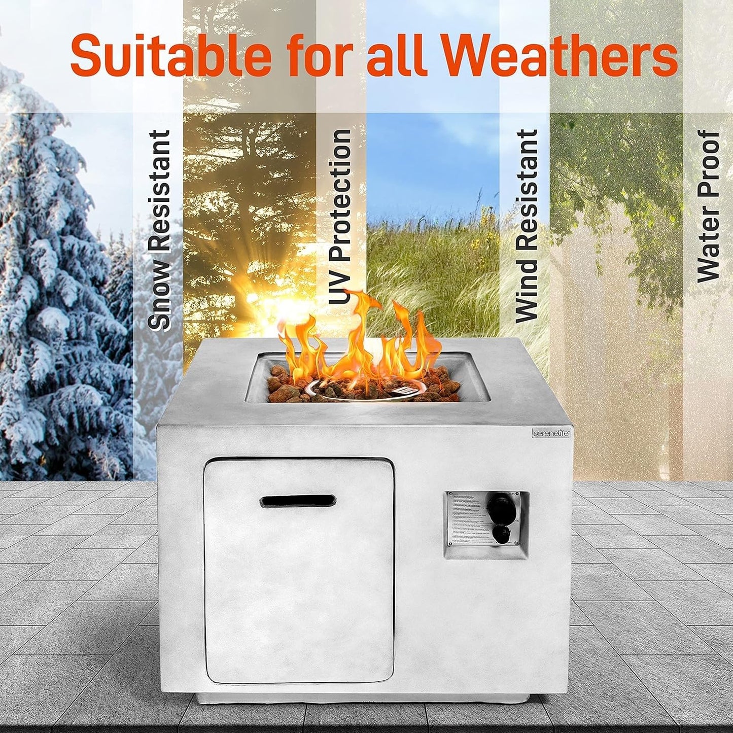 SereneLife Outdoor Propane Gas Fire Pit Table – 50,000 BTU Auto-Ignition Firepit with Glass Wind Guard, Black Tempered Glass Top & Clear Glass Rocks for Garden, Patio, or Backyard
