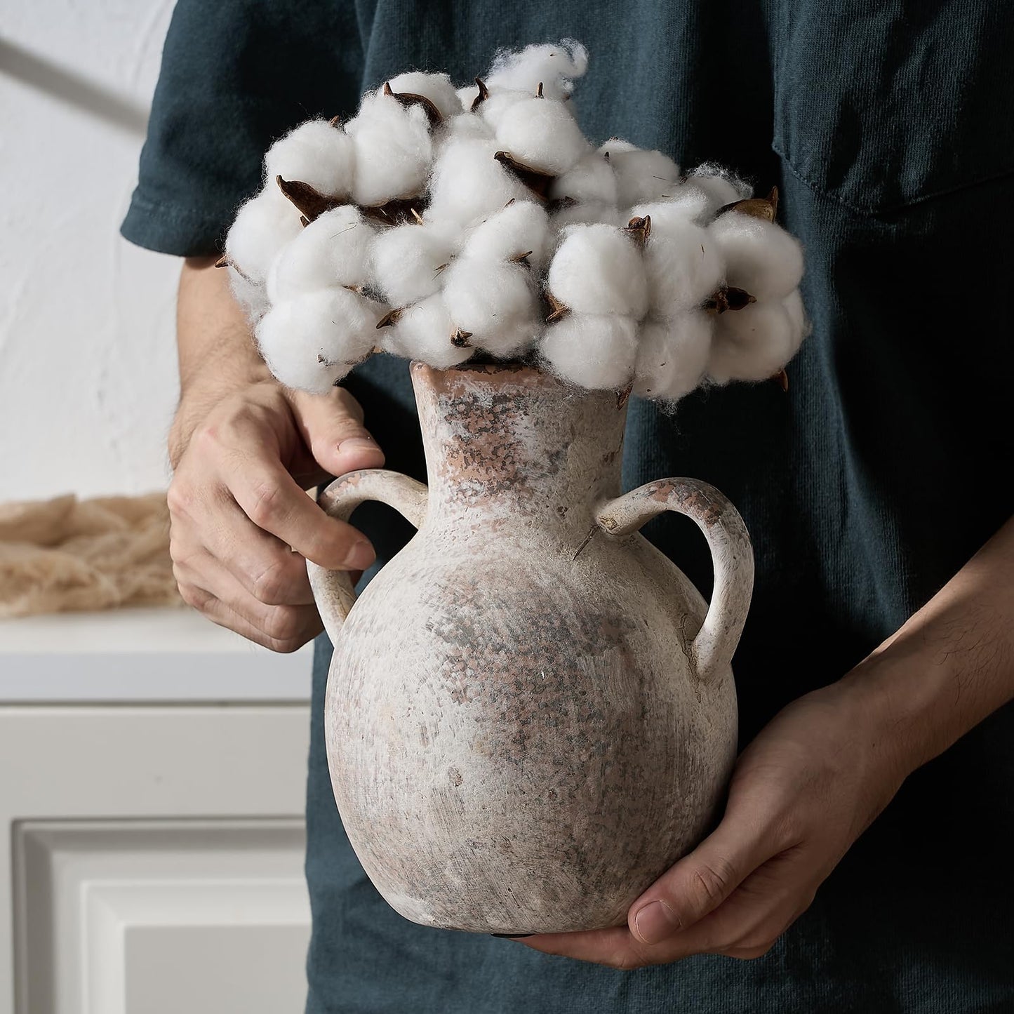 SIDUCAL Rustic Ceramic Farmhouse Flower Vase with 2 Handles, Whitewashed Terra Cotta Vase, Decorative Pottery Flower for Home Decor, Table, Living Room, Shelf Decor, 7.3 Inch, Terra