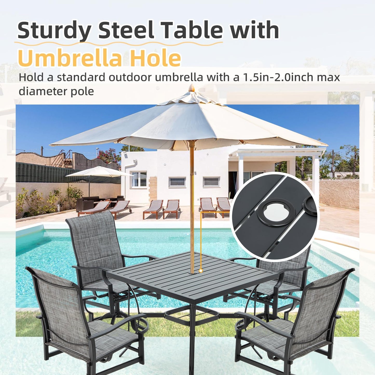9-Piece Outdoor Patio Dining Set with 8 Swivel Rocker Chairs, Rectangular Metal Table with Umbrella Hole, 8-Person Patio Table and Chairs for Backyard, Poolside, Balcony and Garden Grey