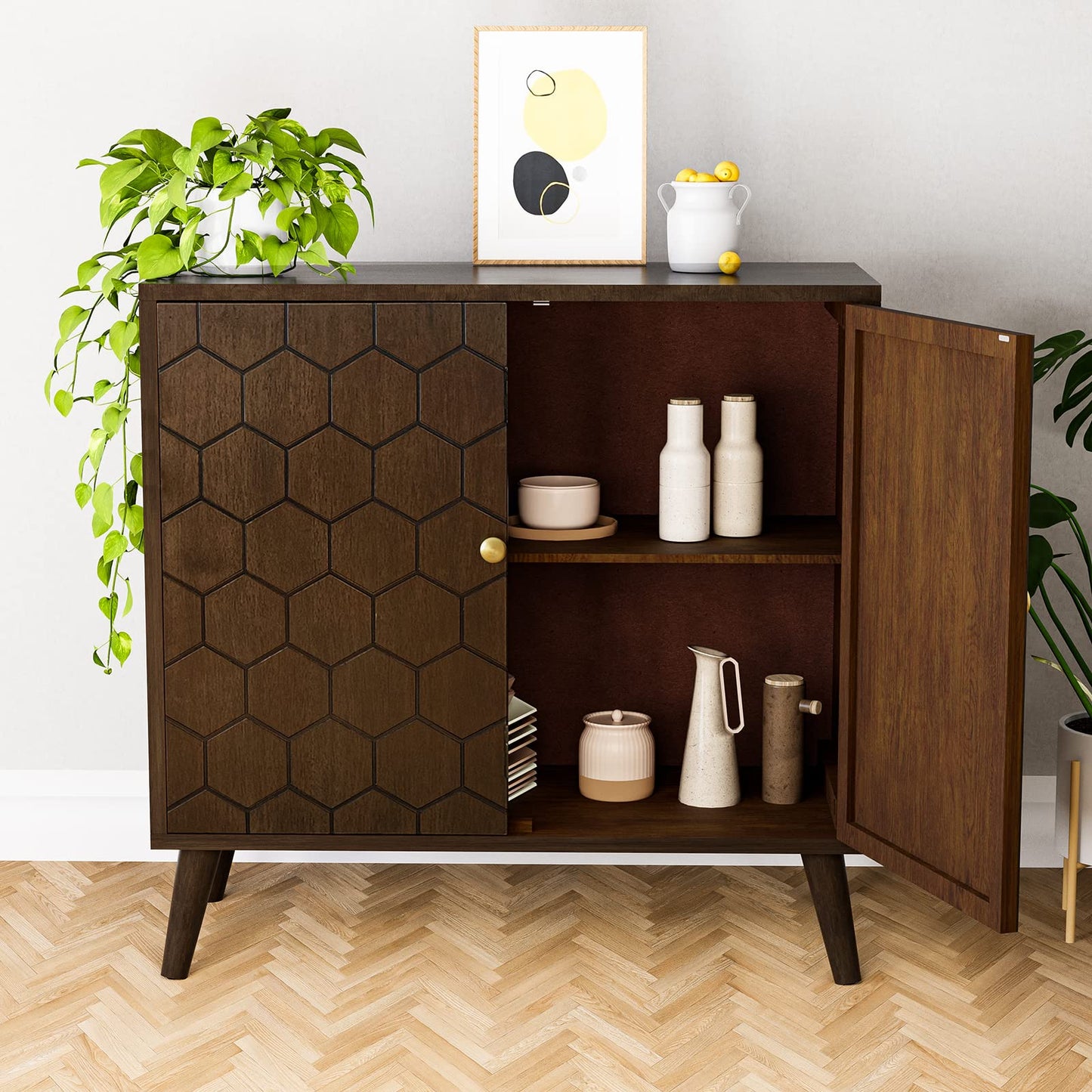 HOMPUS Accent Cabinet with Doors and Shelf,Rustic Boho Decorative Buffet Cabinet with Wood Grain Finish,Buffet Sideboard Storage Cabinet with Flower Pattern,Farmhouse Cabinet for Living Room,Entryway