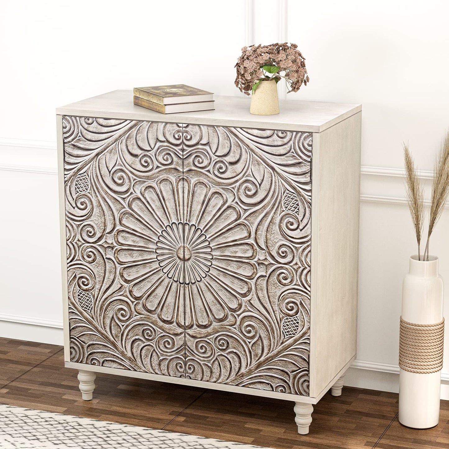 HOMPUS Accent Cabinet with Doors and Shelf,Rustic Boho Decorative Buffet Cabinet with Wood Grain Finish,Buffet Sideboard Storage Cabinet with Flower Pattern,Farmhouse Cabinet for Living Room,Entryway