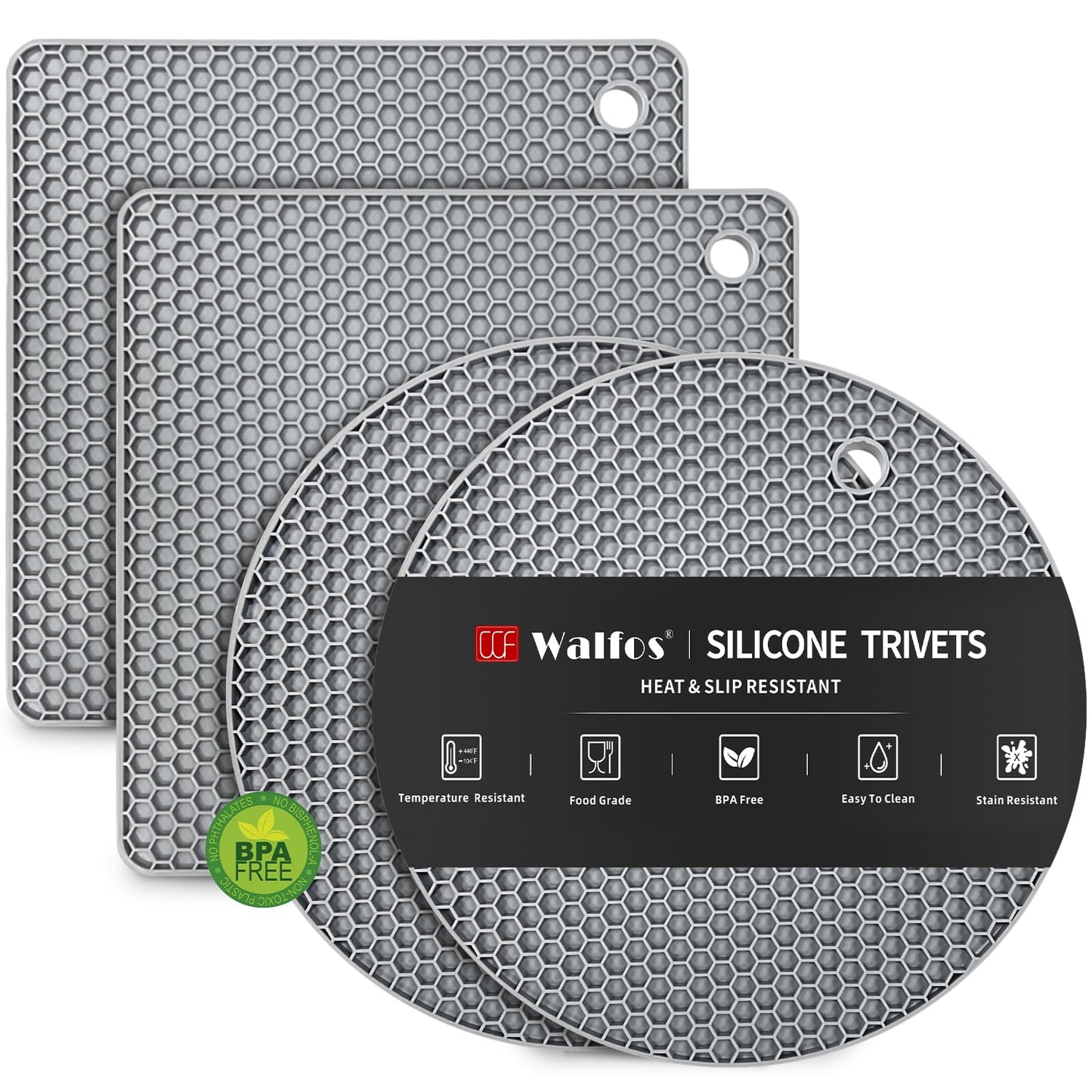 Walfos Silicone Trivet Mats - 4 Heat Resistant Pot Holders, Multipurpose Non-Slip Hot Pads for Kitchen Potholders, Hot Dishers, Jar Opener, Spoon Holder, Food Grade Silicone & BPA Free (Black)