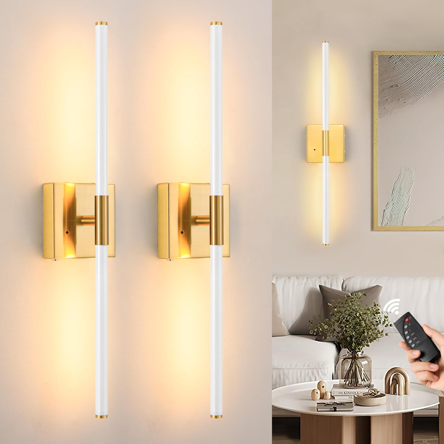 Battery Operated Wall Sconces Set of 2, Dimmable Battery Wall Sconce with Remote Control, Black Gold LED Rechargeable Sconces, 24 Inch Modern Wireless Wall Lights for Bedroom, Living Room