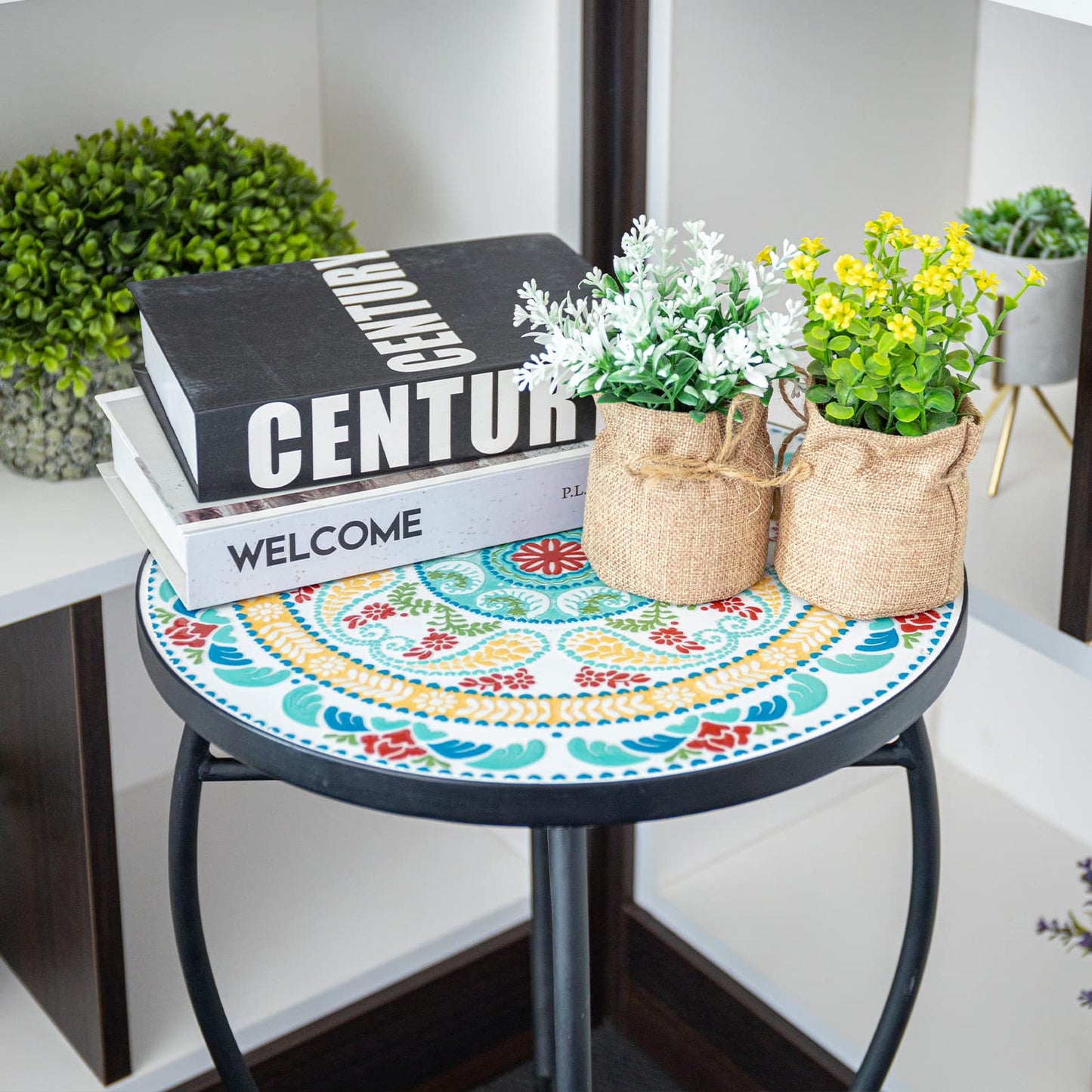 VCUTEKA Mosaic Side Table, 21" Round End Table with 14" Ceramic Tile Top, Patio Accent Table Indoor and Outdoor End Table for Yard, Garden, Living Room, Bistro Balcony or Lawn Golden Sun